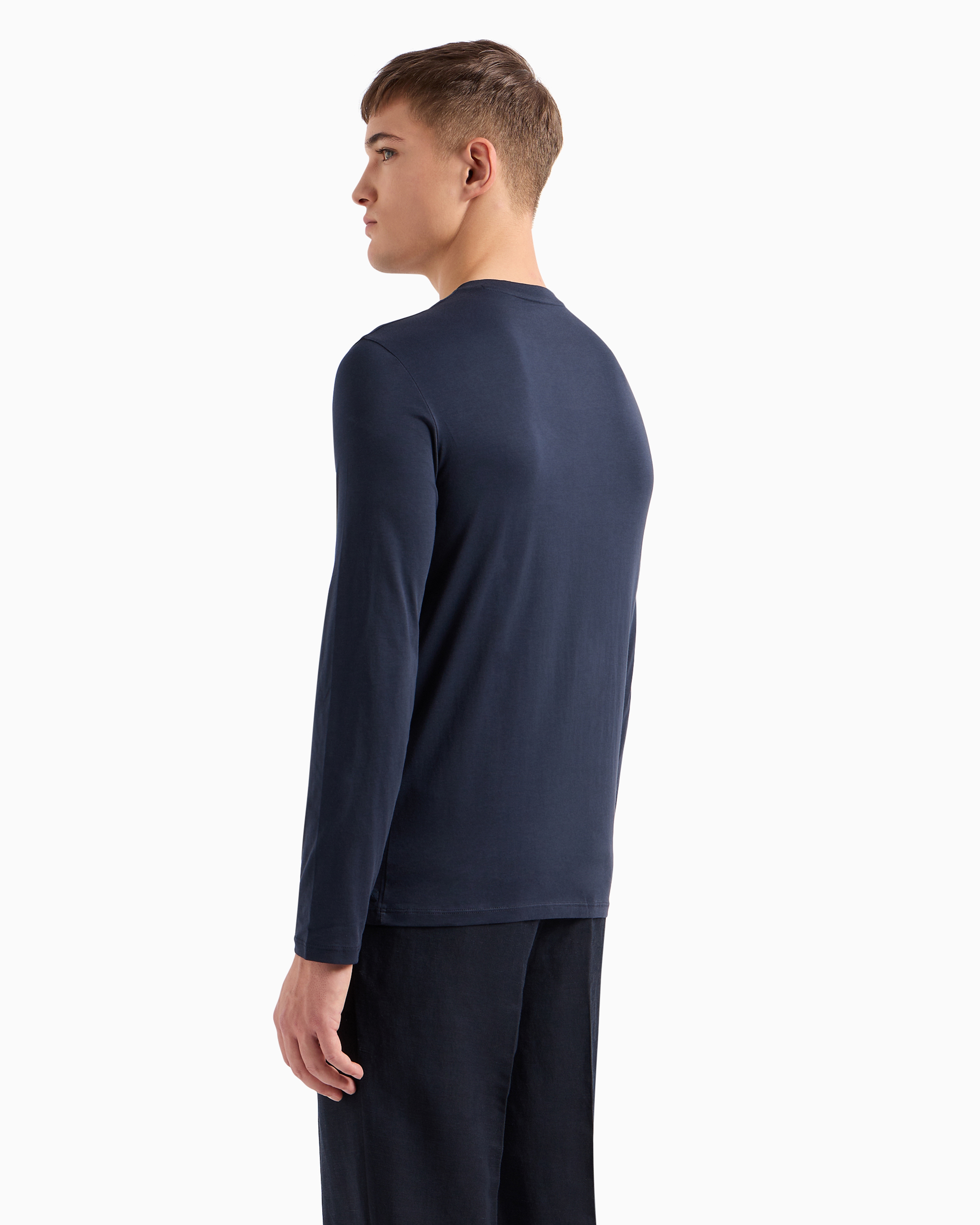Armani Exchange - Pima Cotton Long Sleeve V-Neck T-Shirt, Man, Navy Blue, Size: XL