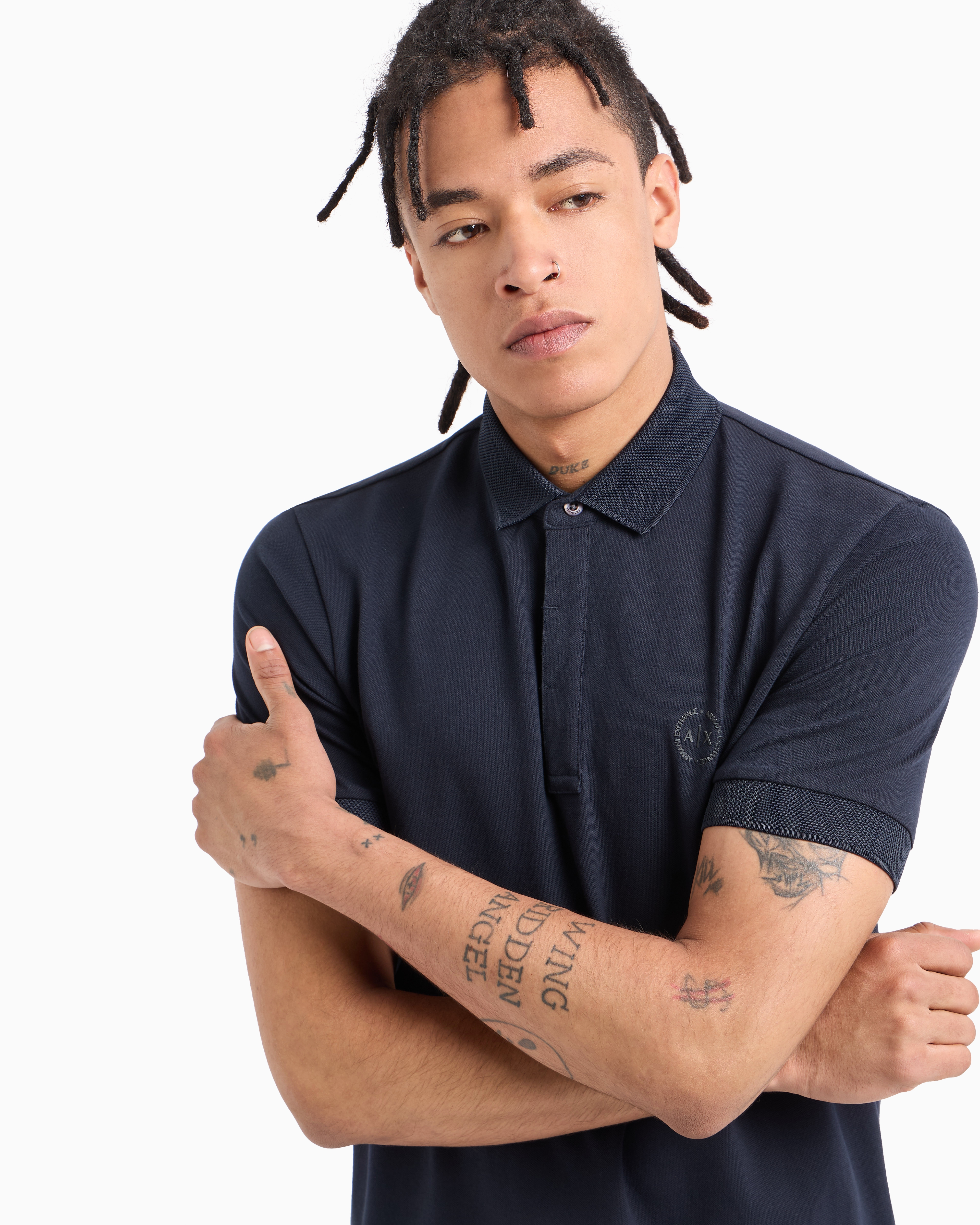 Armani Exchange - Slim fit stretch cotton polo with logo, Man, Navy Blue, Size: XS