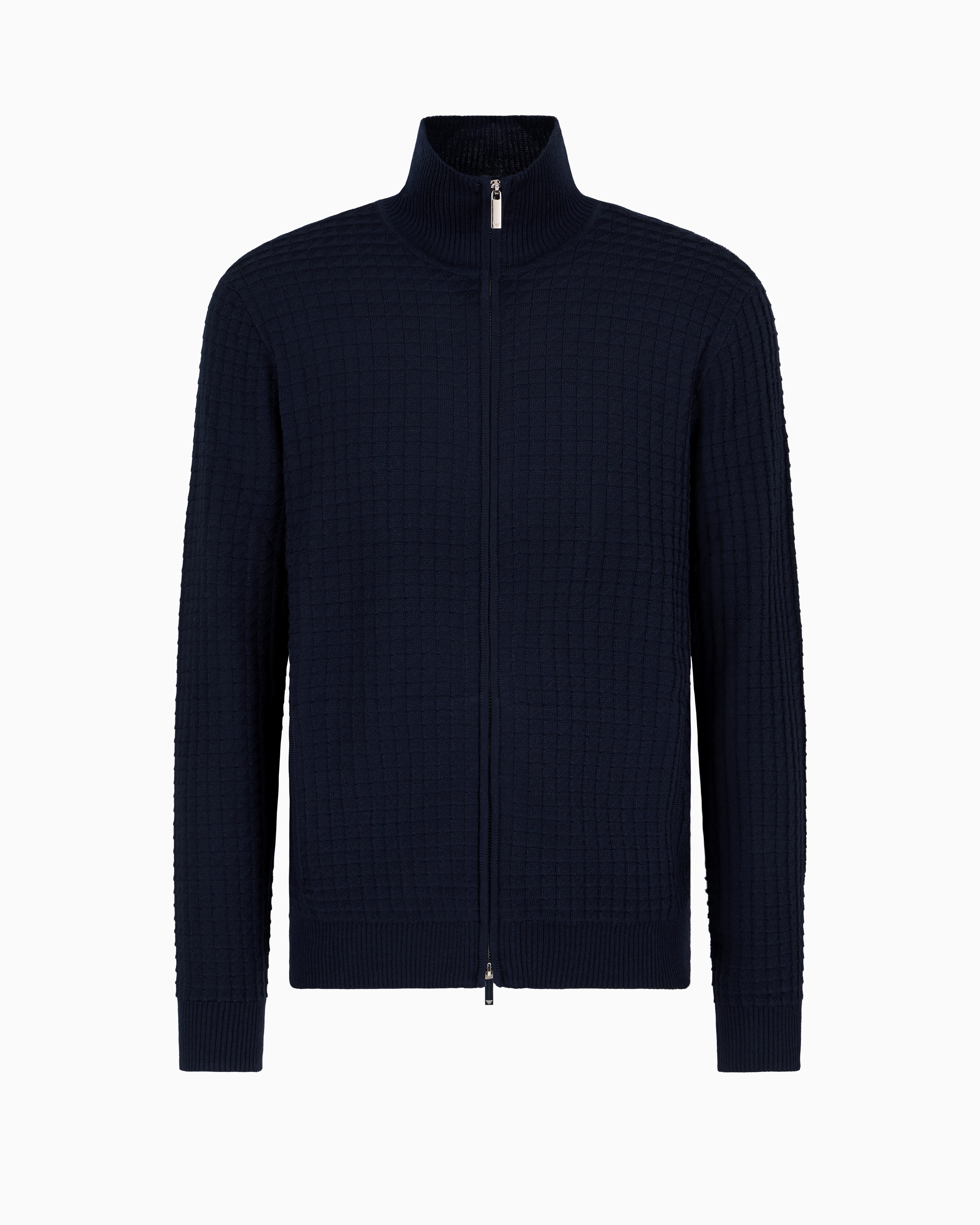 Emporio Armani Official Store Tuck-stitch Full-zip Cardigan In A Wool And Lyocell Blend In Blue