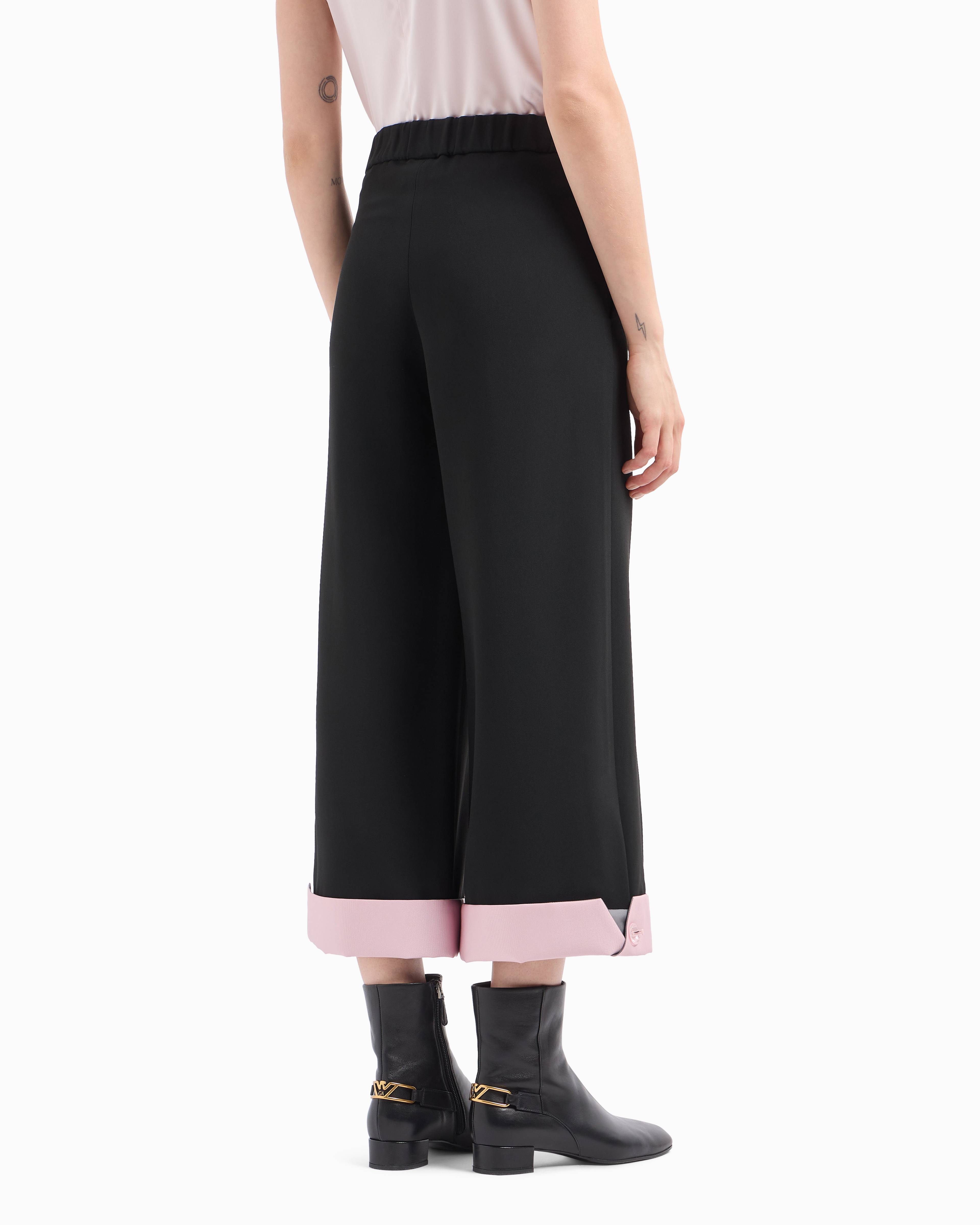 Emporio Armani Cropped Trousers With Folded Over Cuffs In Pink Satin In Black