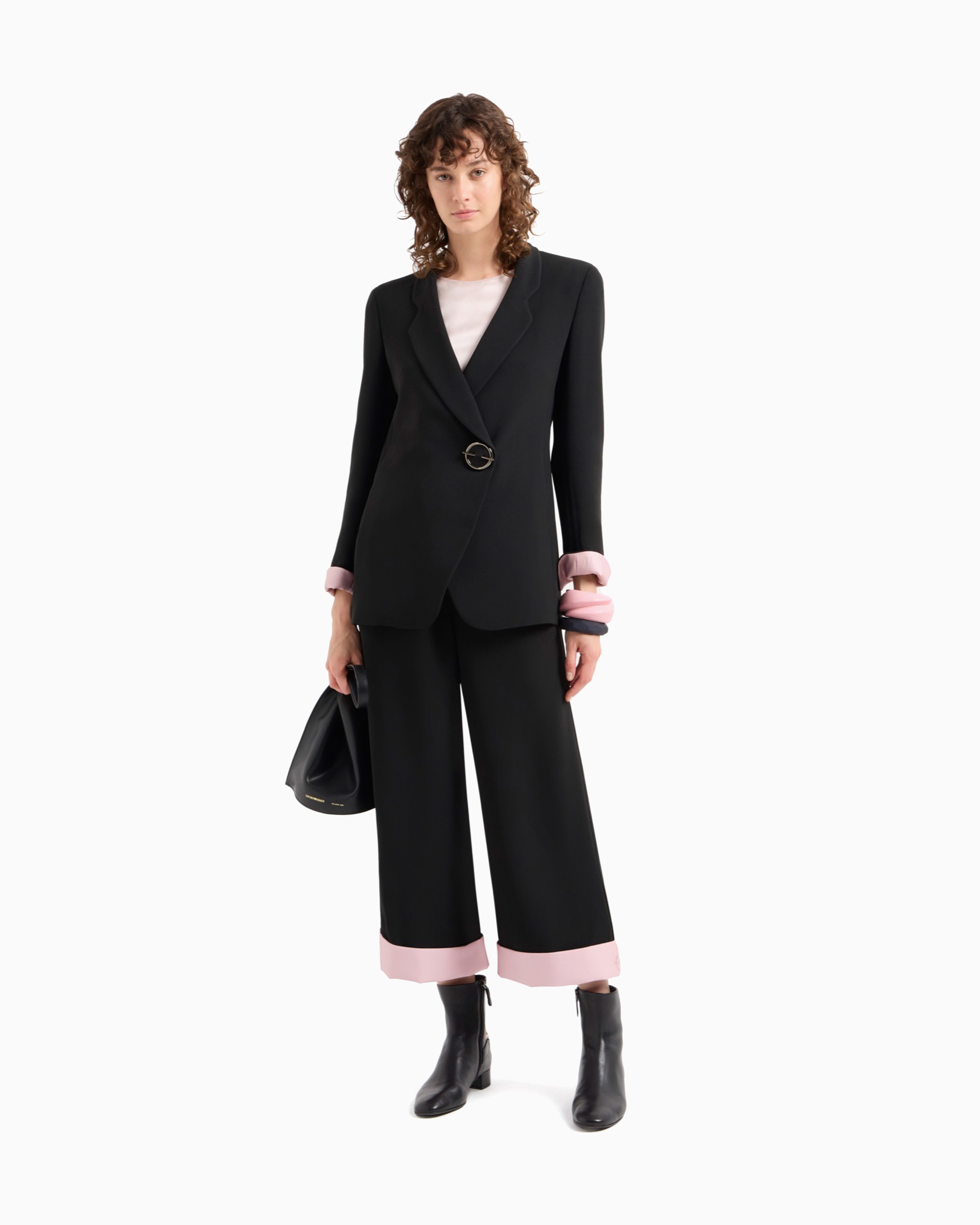 Emporio Armani Cropped Trousers With Folded Over Cuffs In Pink Satin In Black