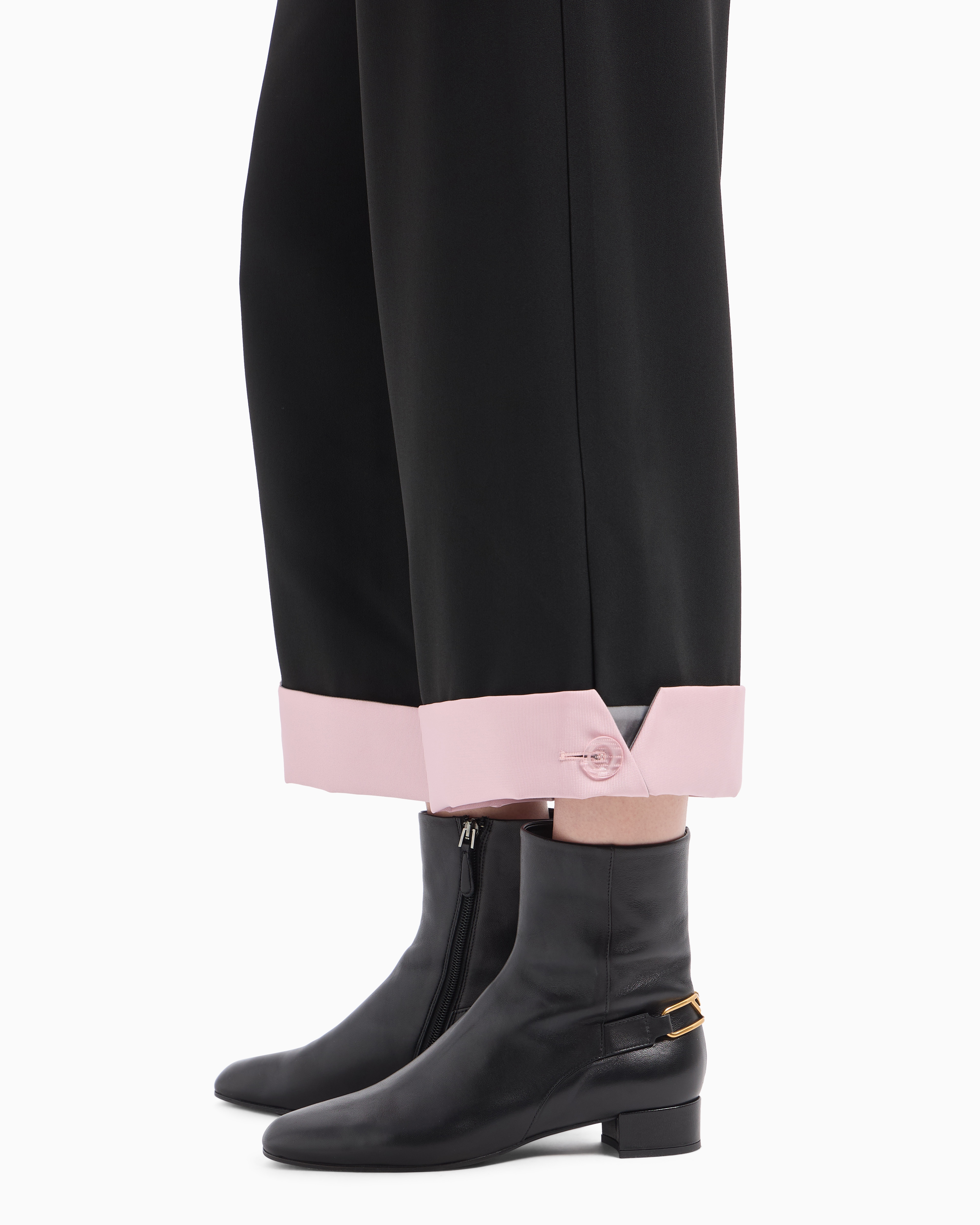 Emporio Armani Cropped Trousers With Folded Over Cuffs In Pink Satin In Black