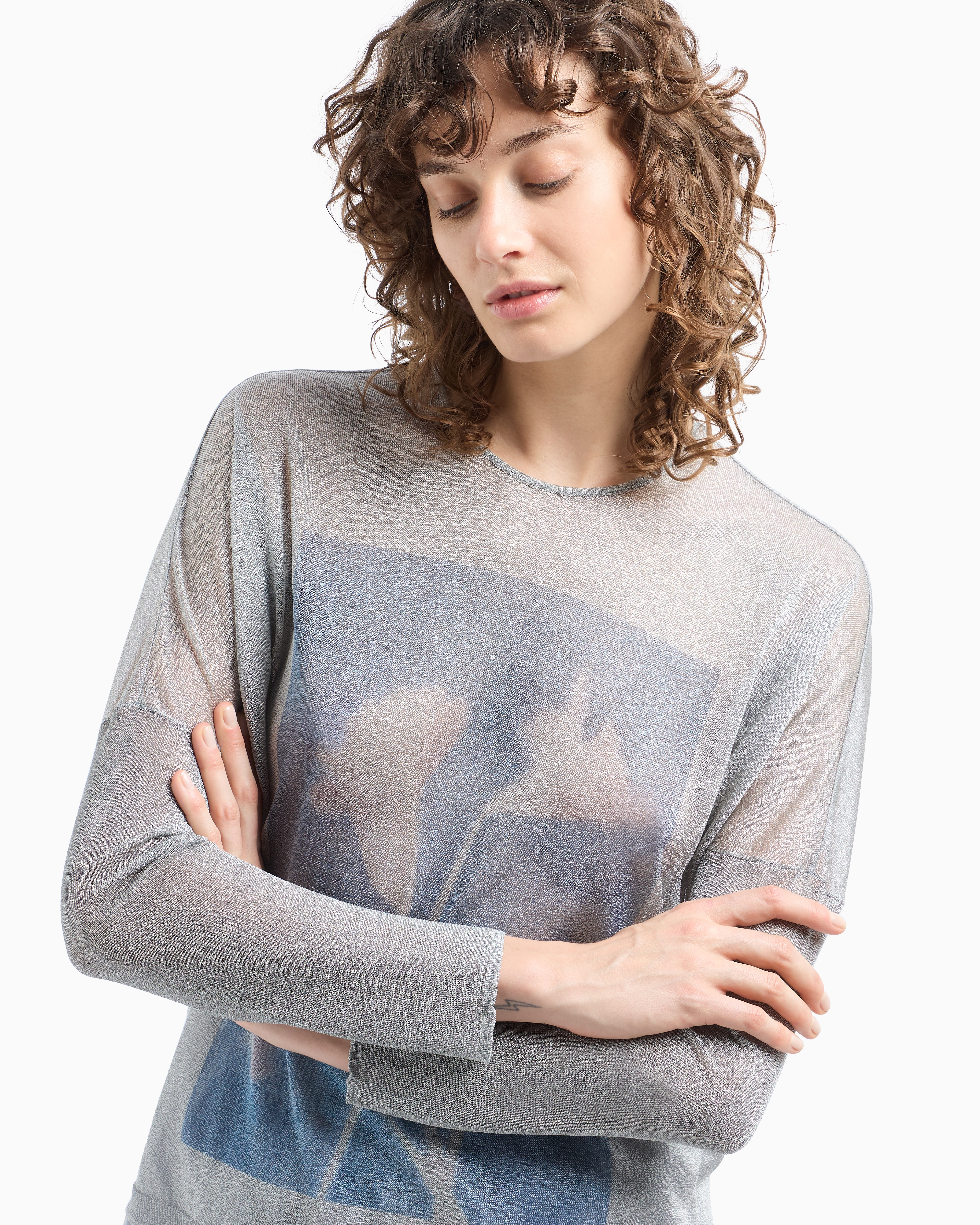 Emporio Armani Semi Sheer Sweater With Floral Print In Gray