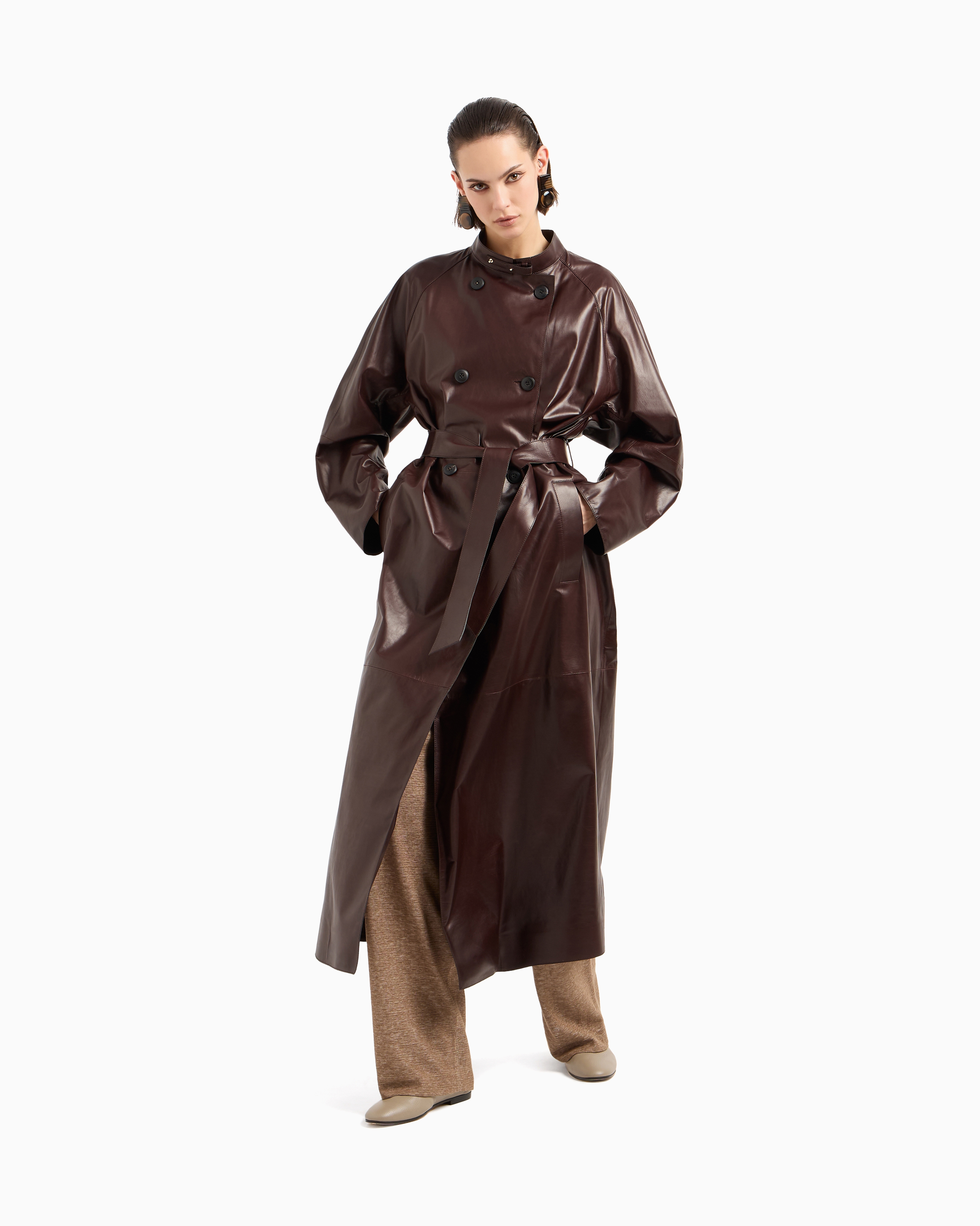 Giorgio Armani Leather Coats In Brown