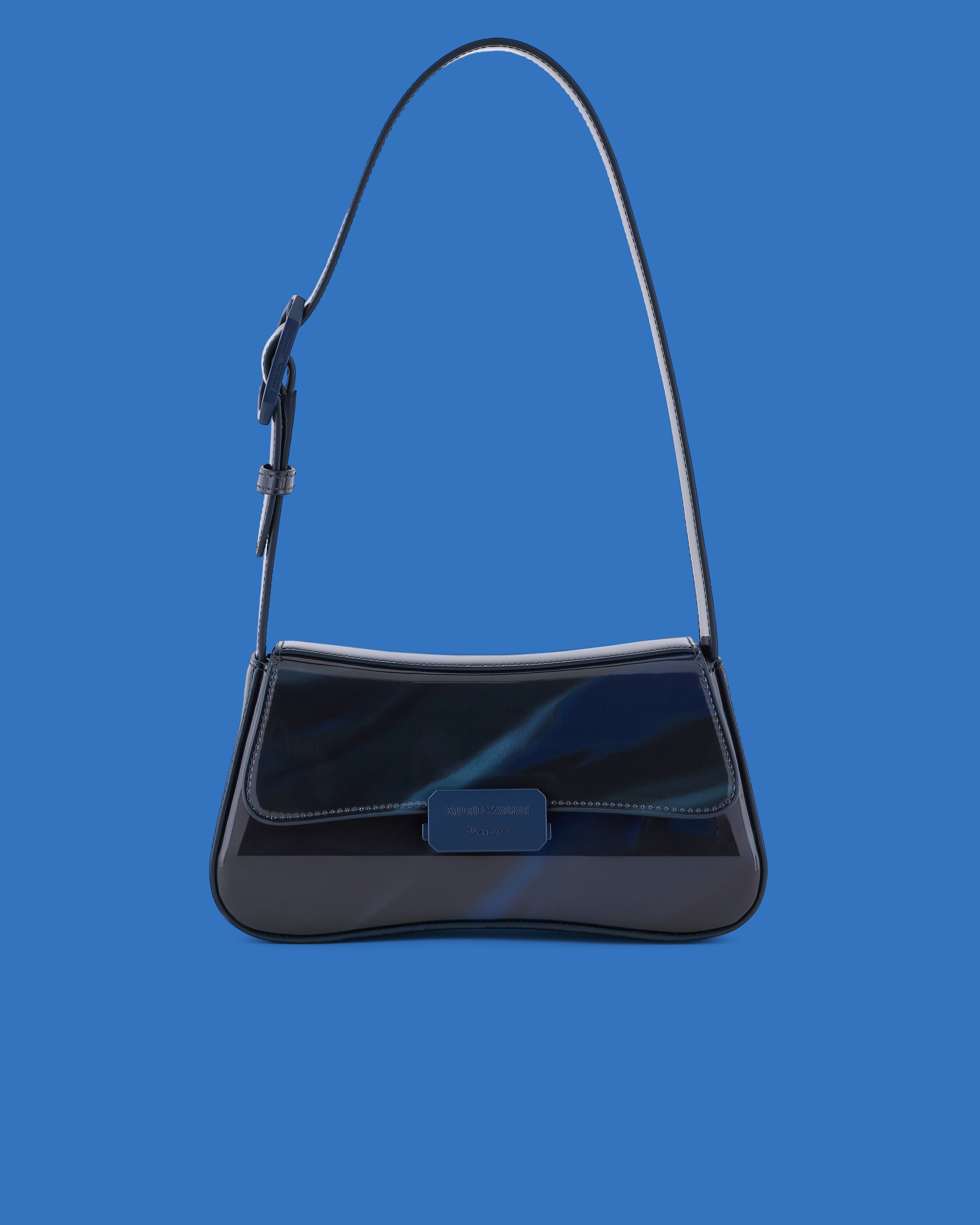 Emporio Armani Asv Black Blue Capsule Collection Shiny Cosmos-print Baguette Shoulder Bag In Patterned