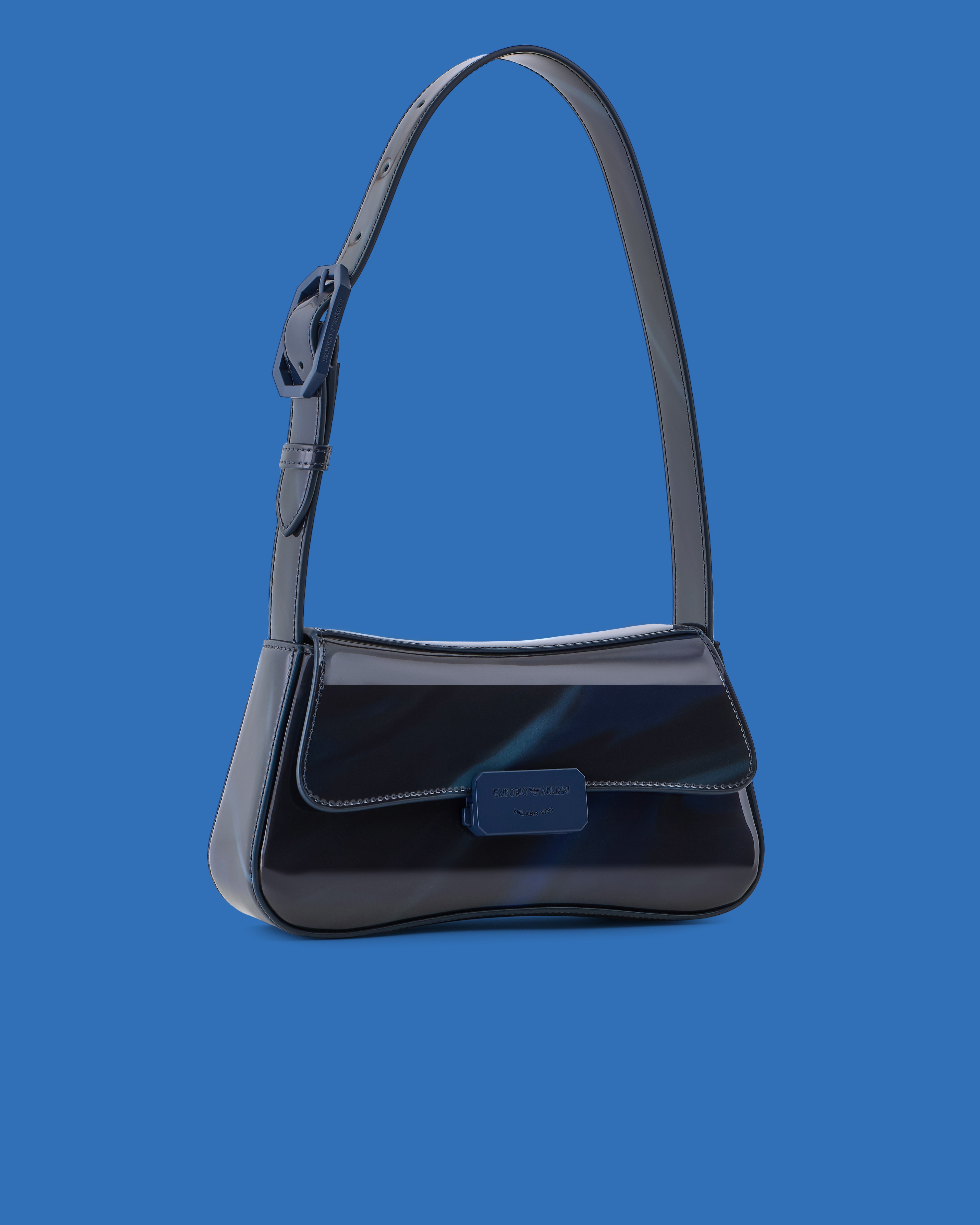 Emporio Armani Asv Black Blue Capsule Collection Shiny Cosmos-print Baguette Shoulder Bag In Patterned