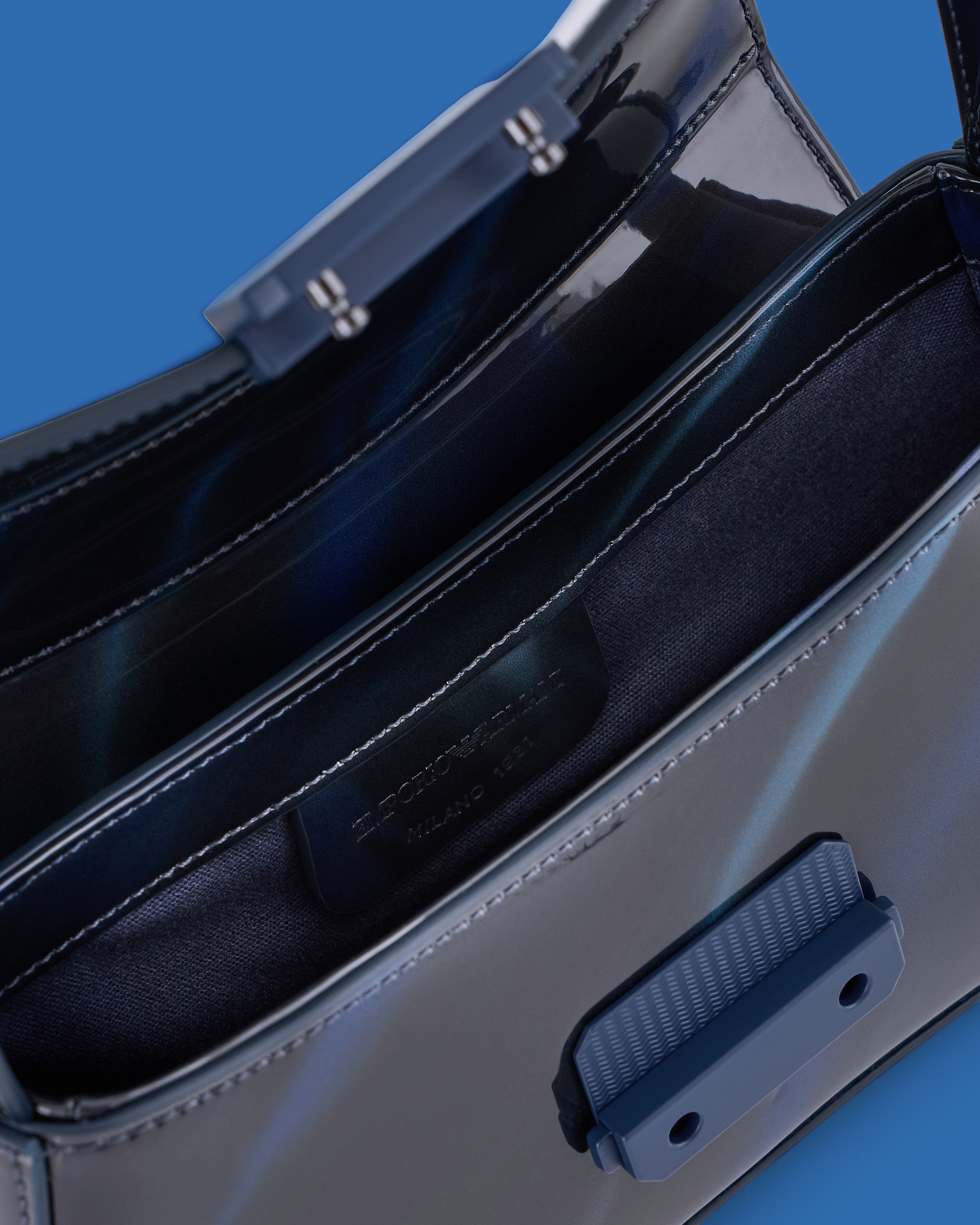 Emporio Armani Asv Black Blue Capsule Collection Shiny Cosmos-print Baguette Shoulder Bag In Patterned