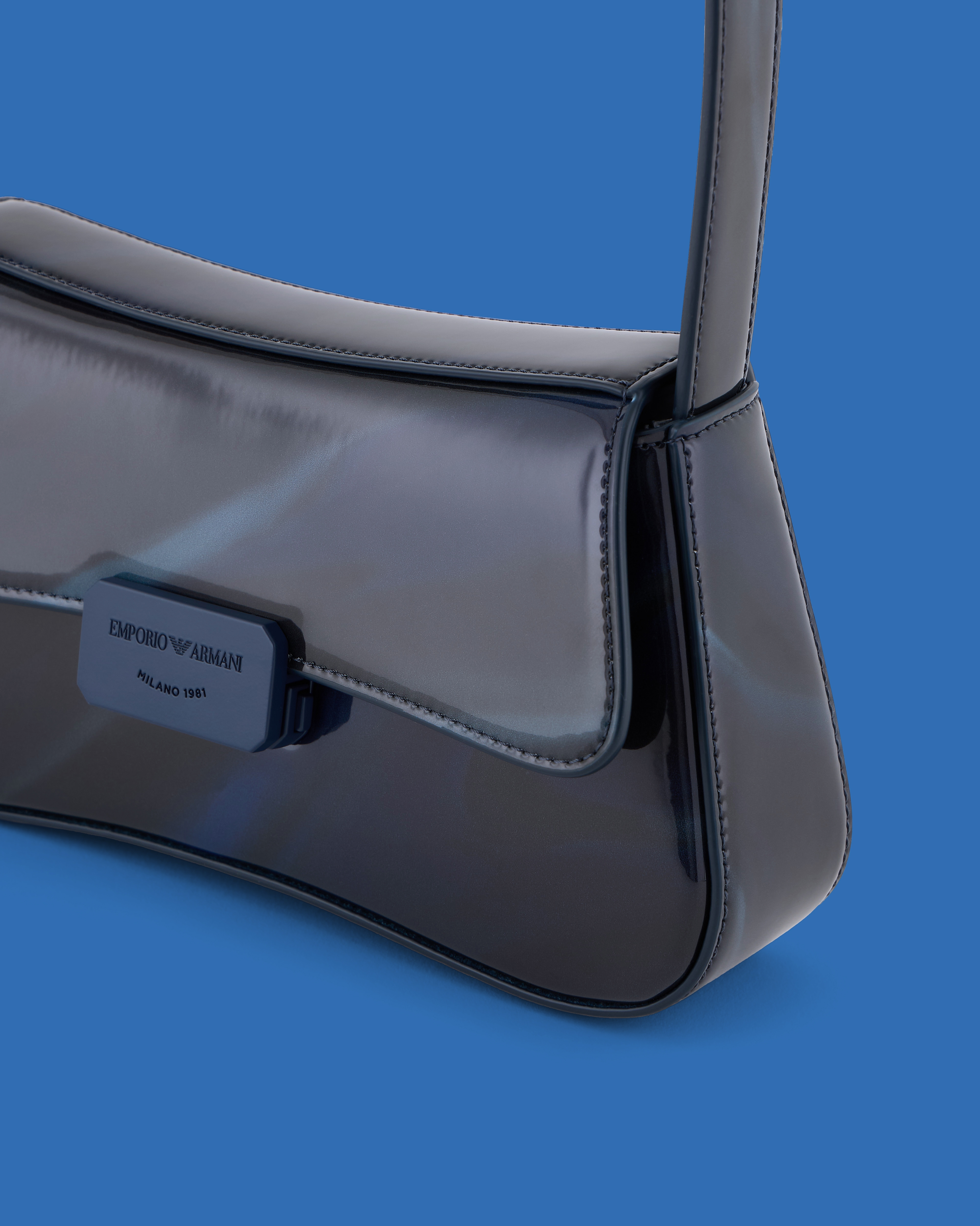 Emporio Armani Asv Black Blue Capsule Collection Shiny Cosmos-print Baguette Shoulder Bag In Patterned
