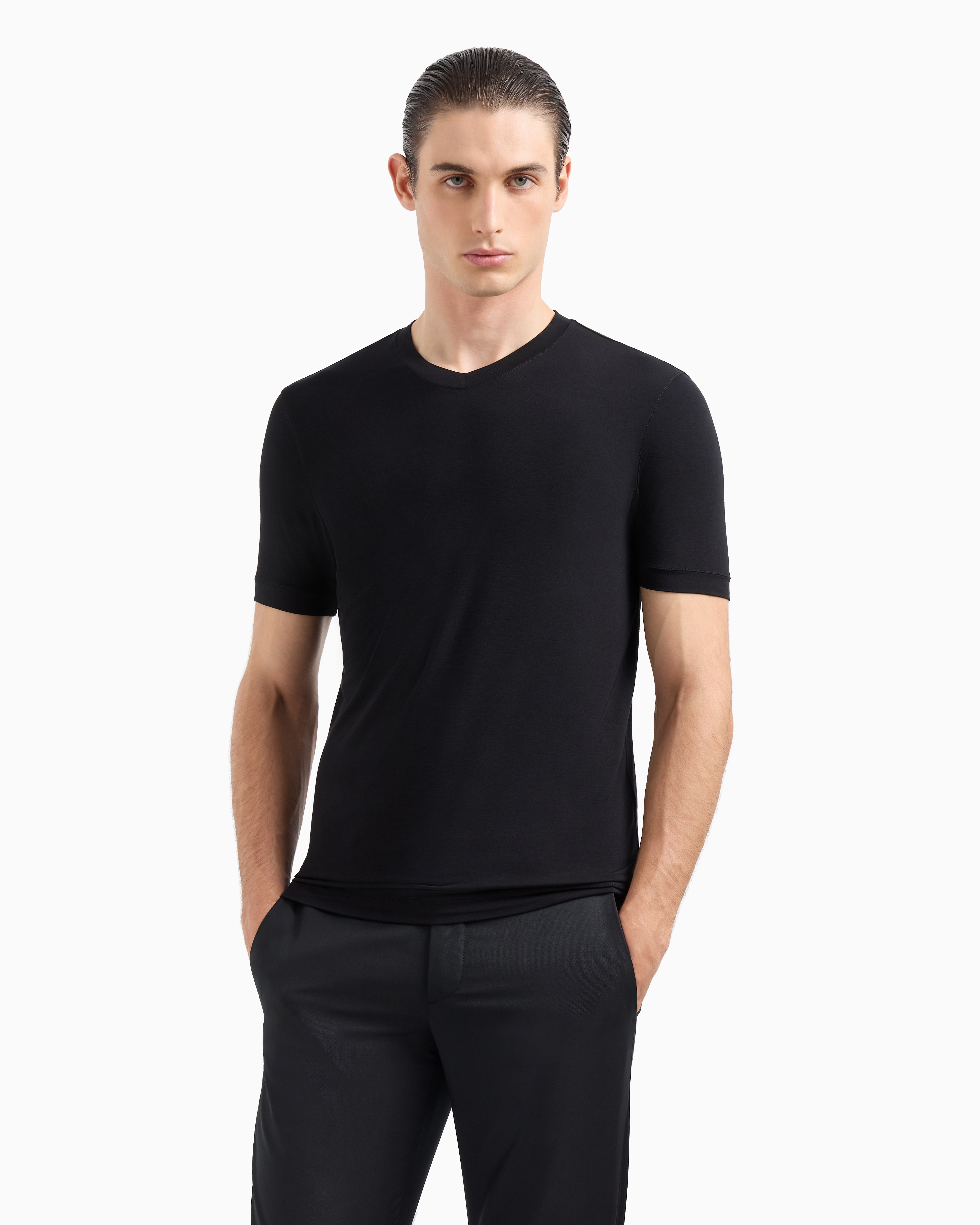 Shop Giorgio Armani Stretch Viscose Jersey, V-neck Icon T-shirt In Black