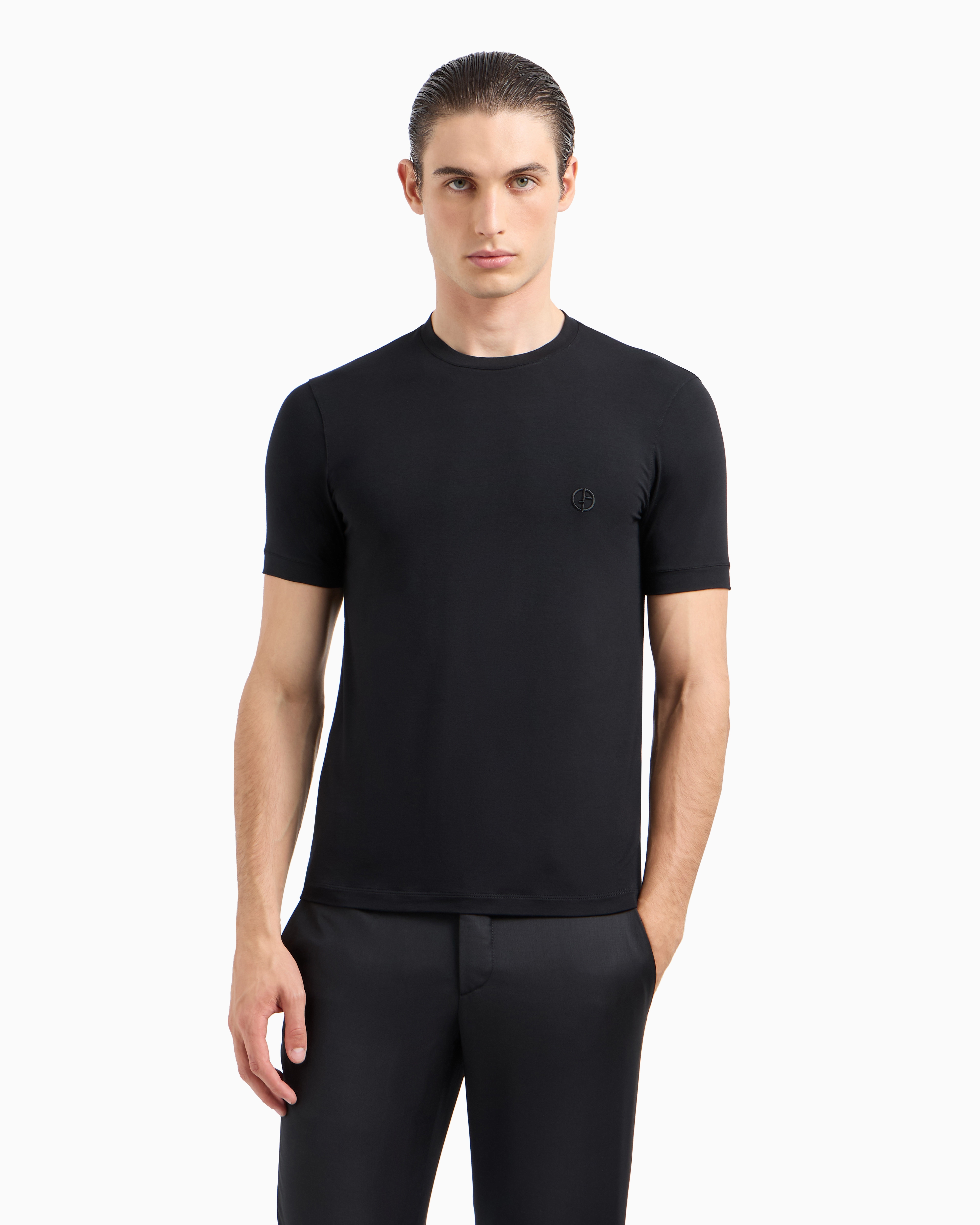 Giorgio Armani Official Store Stretch Viscose Bamboo Jersey T-shirt With Ga Embroidery In Black