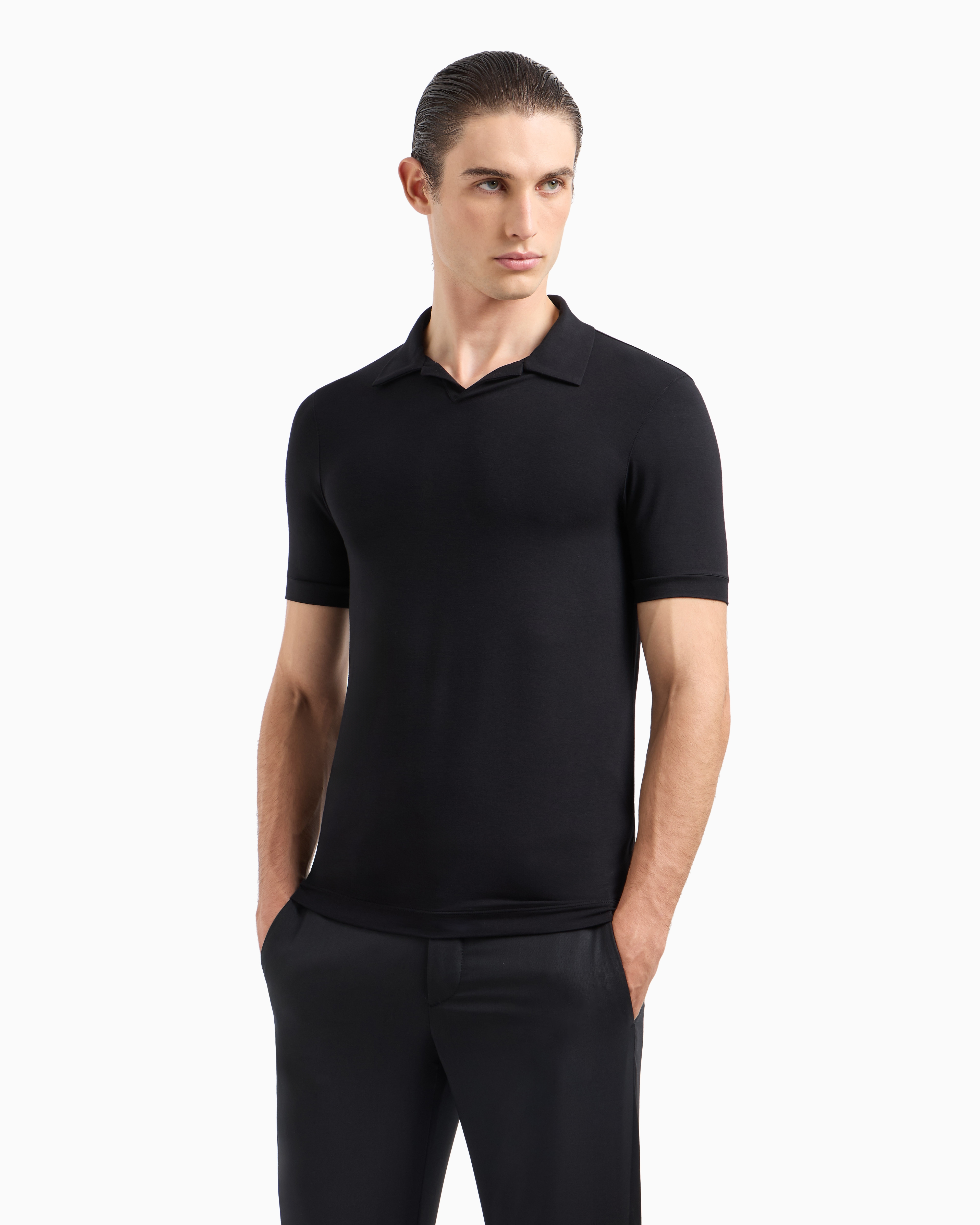 Giorgio Armani Official Store Stretch Bamboo-viscose Jersey Polo Shirt In Black