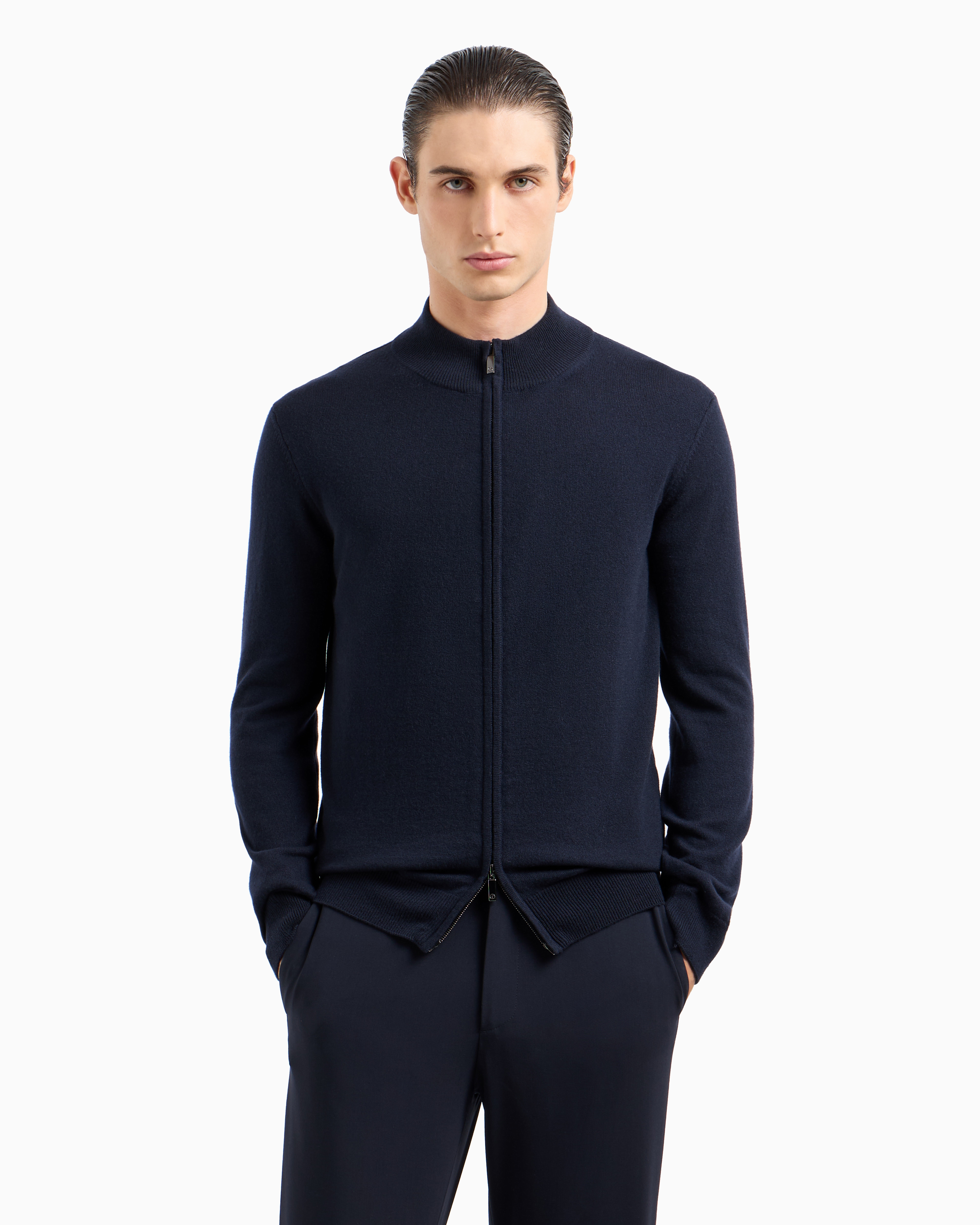 Shop Giorgio Armani Zipped Cardigan In Cashmere In Navy Blue