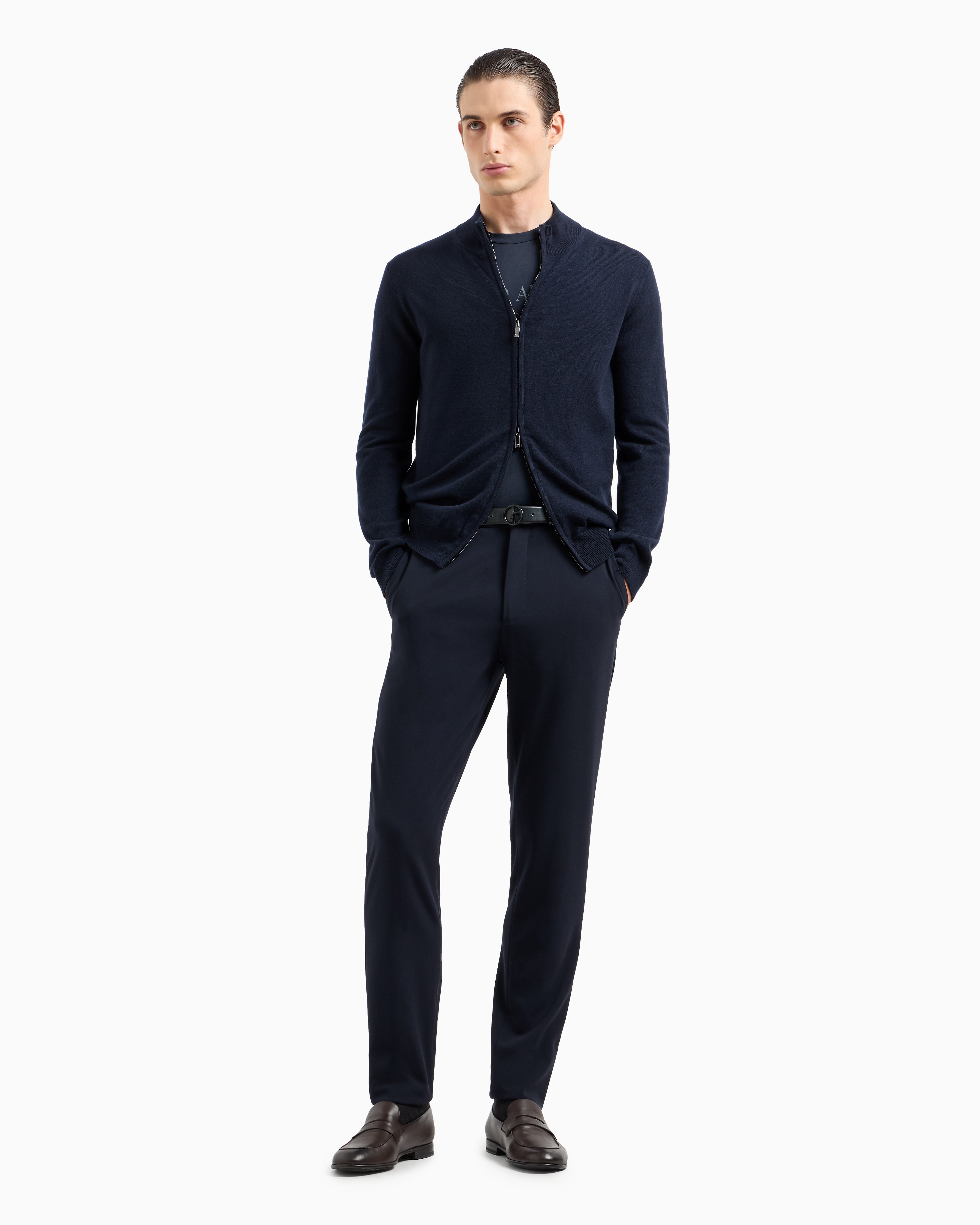 Shop Giorgio Armani Zipped Cardigan In Cashmere In Navy Blue