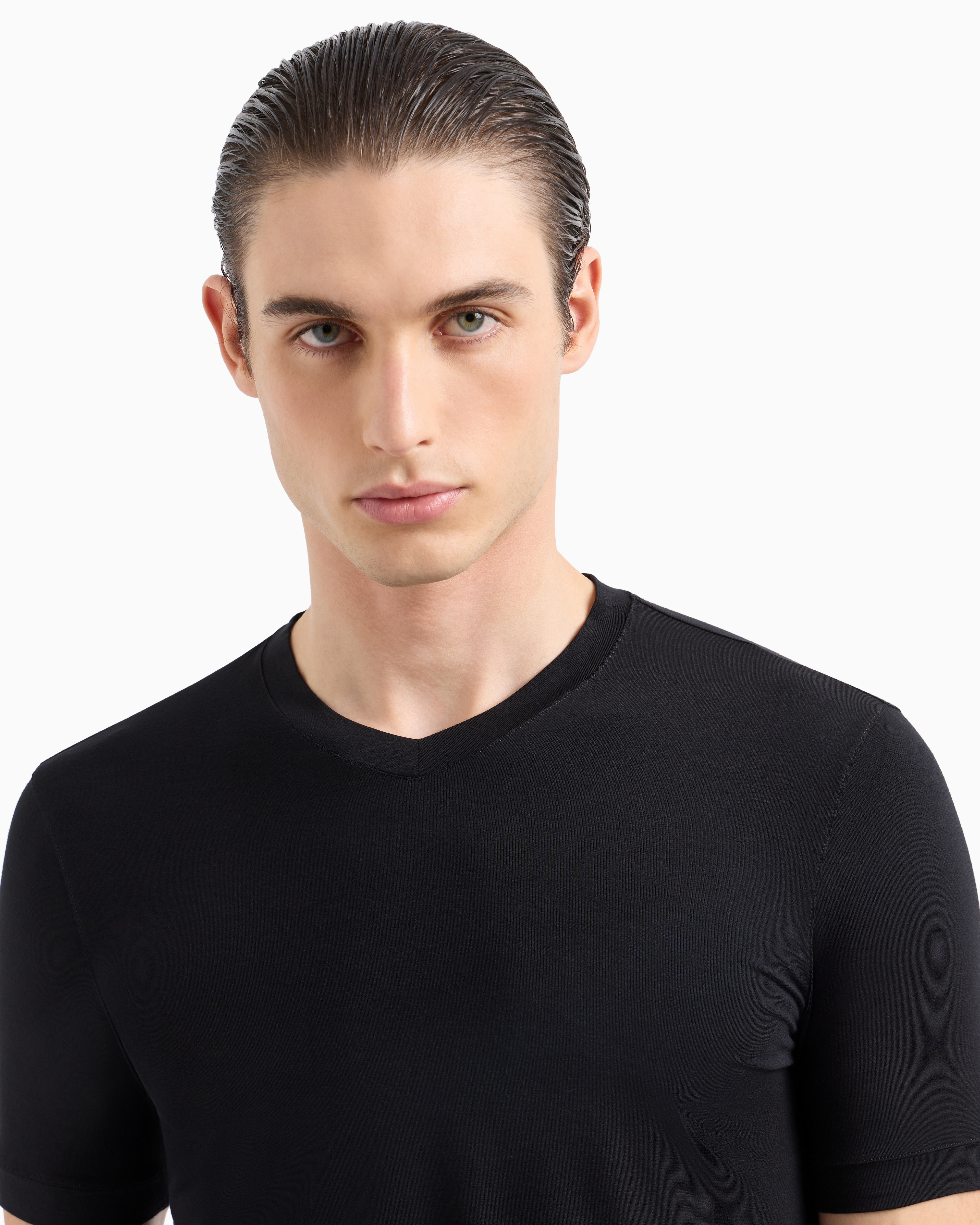 Shop Giorgio Armani Stretch Viscose Jersey, V-neck Icon T-shirt In Black