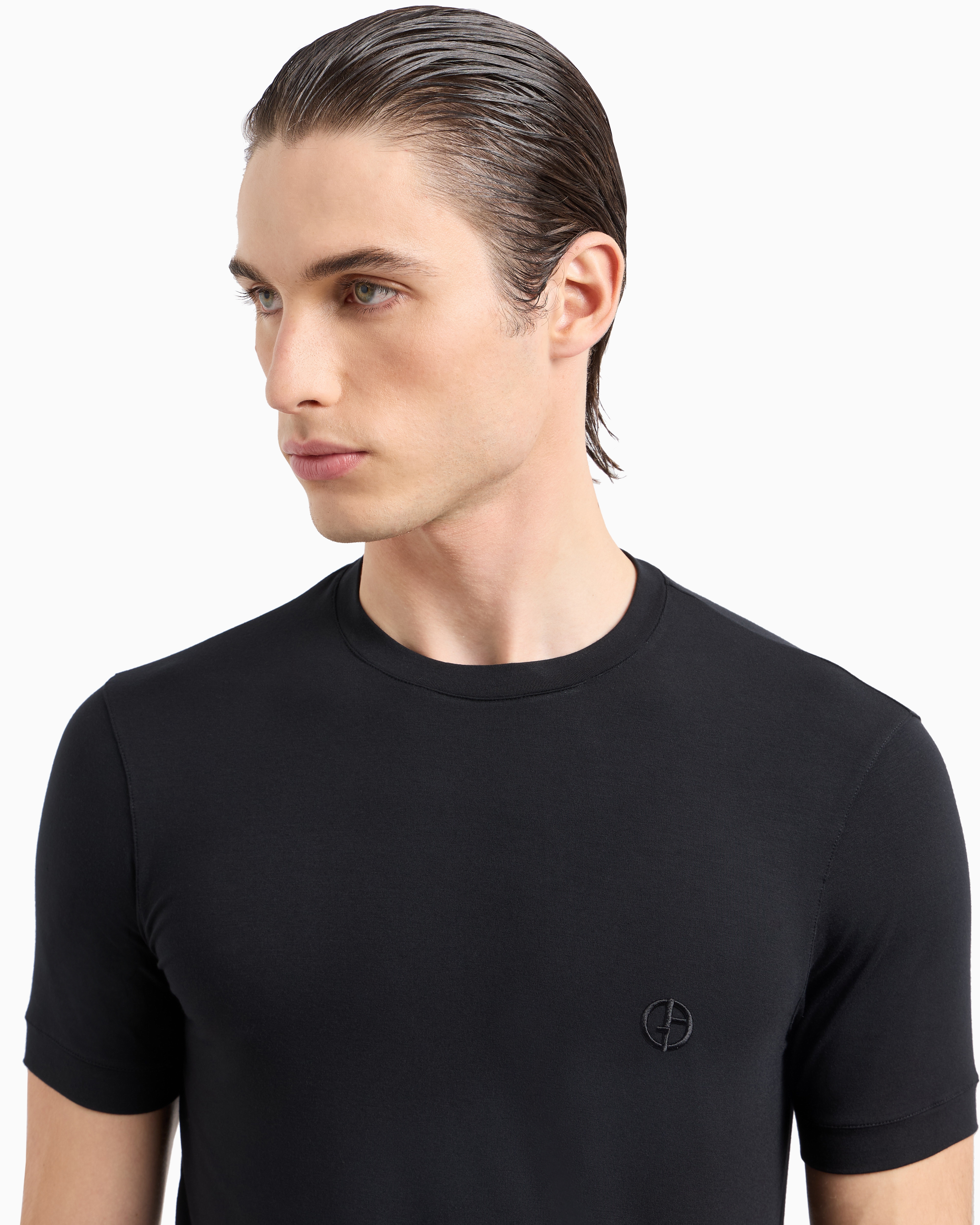 Giorgio Armani Official Store Stretch Viscose Bamboo Jersey T-shirt With Ga Embroidery In Black