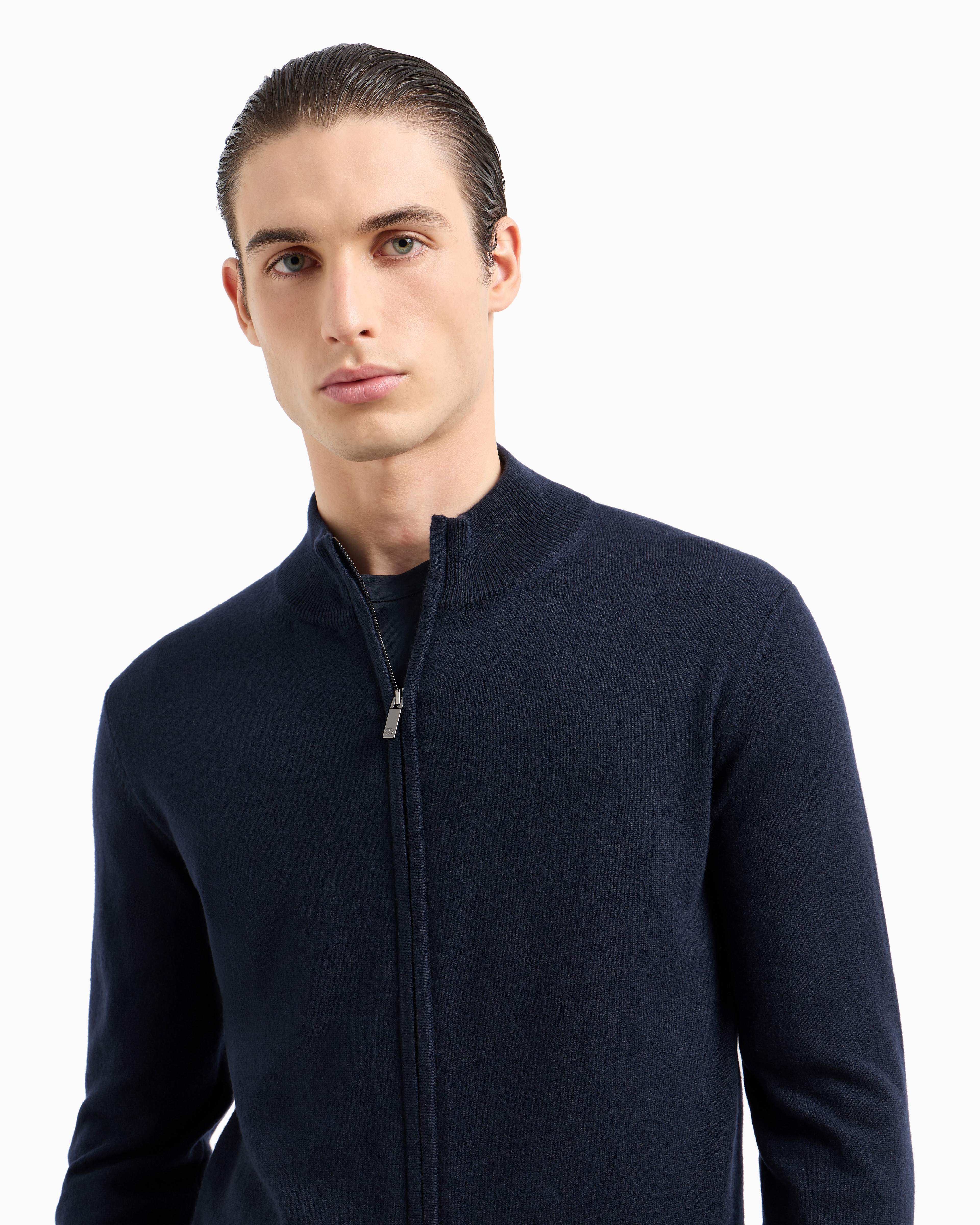 Shop Giorgio Armani Zipped Cardigan In Cashmere In Navy Blue