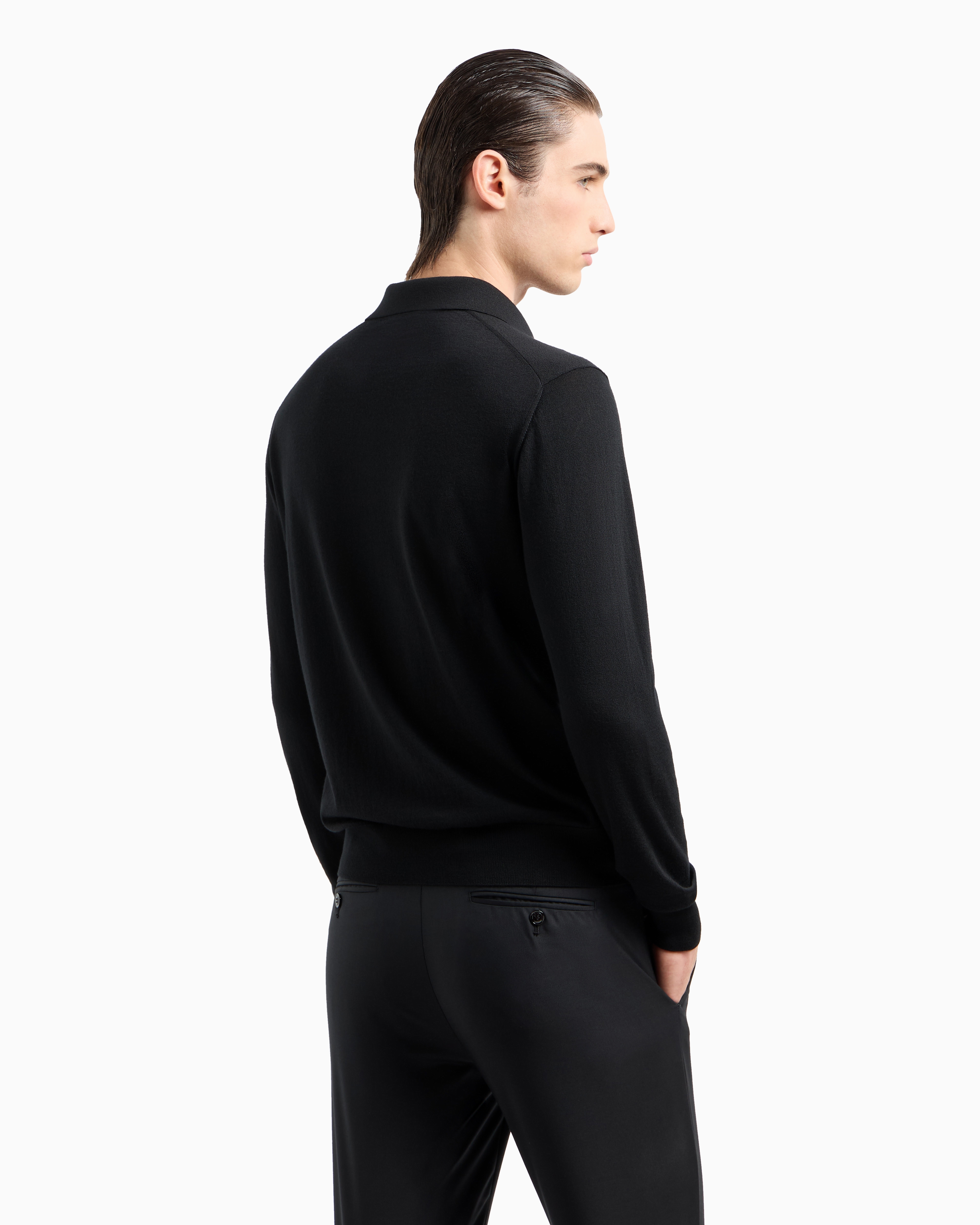 Giorgio Armani Official Store Long-sleeved Polo Shirt In Virgin Wool In Black