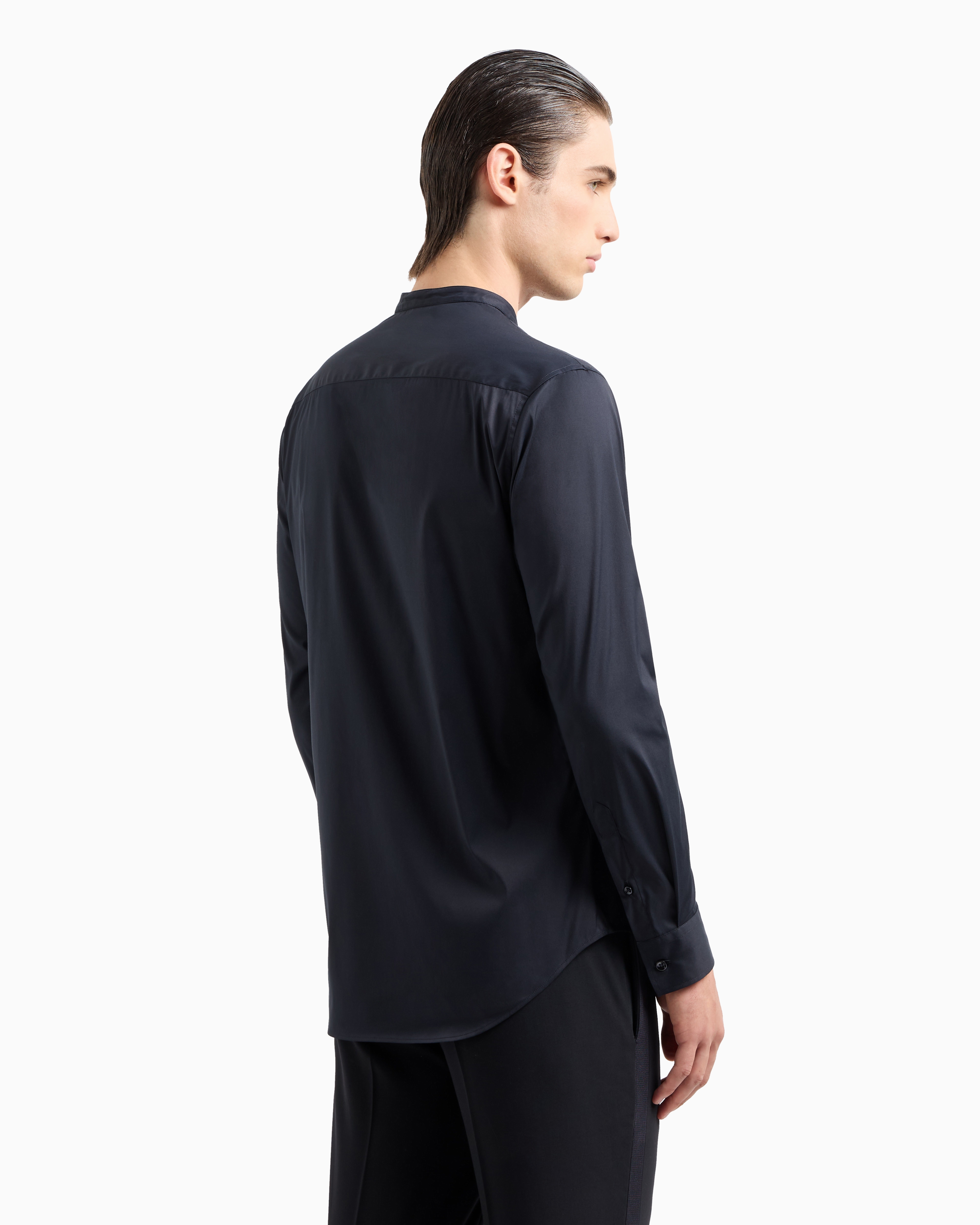 Shop Giorgio Armani Plain-knit Stretch Cotton Icon Shirt In Midnight Blue