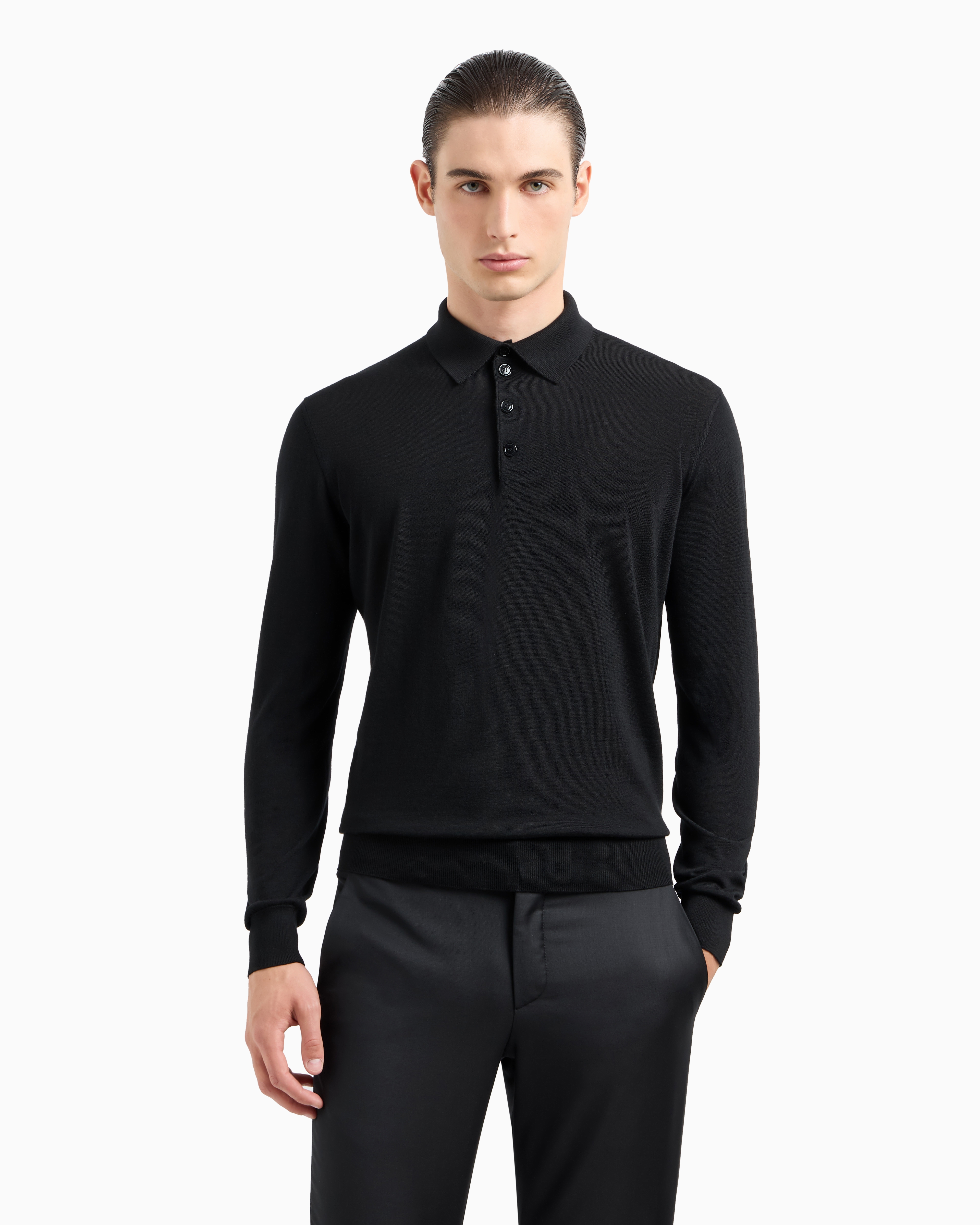 Giorgio Armani Official Store Long-sleeved Polo Shirt In Virgin Wool In Black