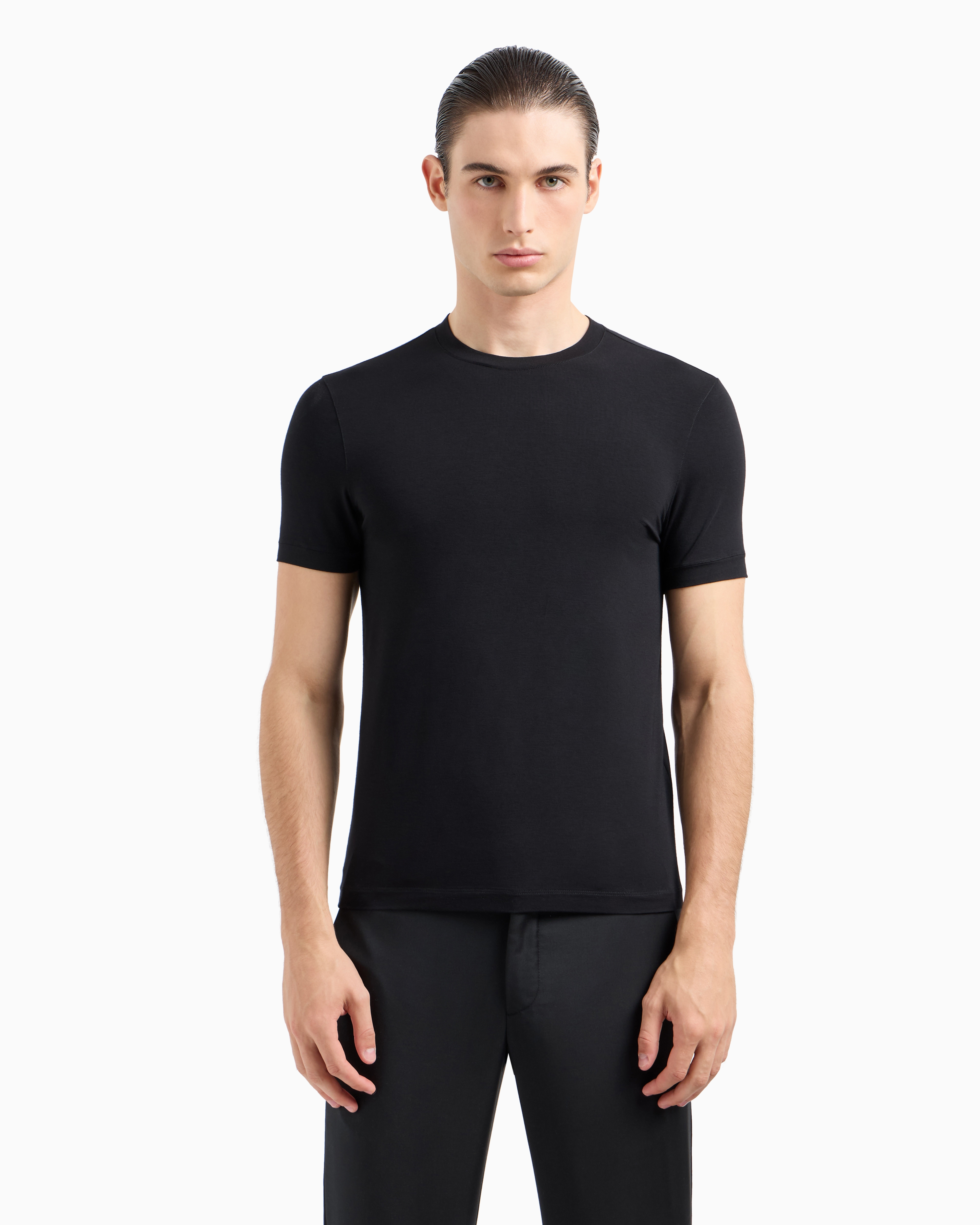 Shop Giorgio Armani Crew-neck Long-sleeved T-shirt In Stretch Viscose Jersey In Black