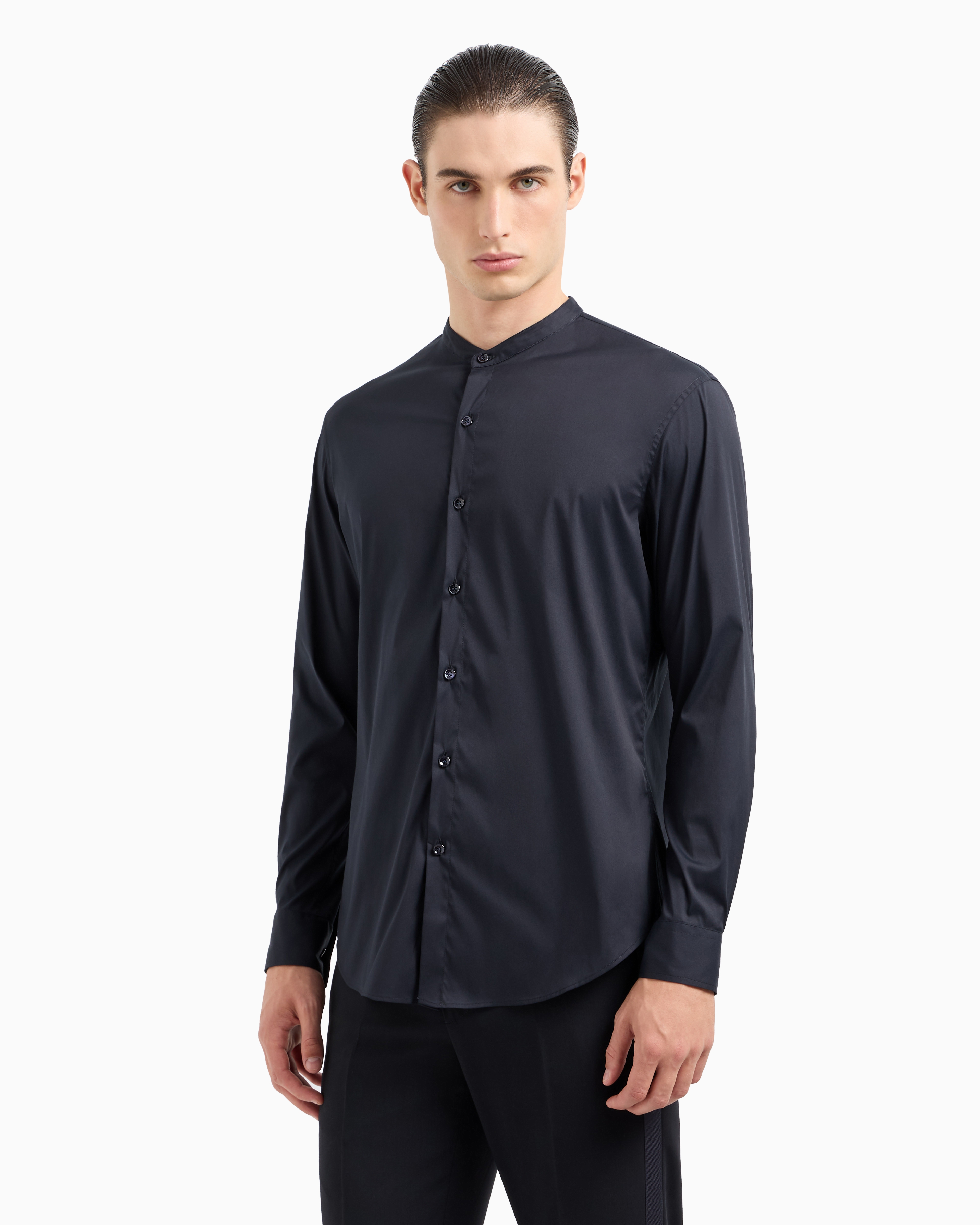 Shop Giorgio Armani Plain-knit Stretch Cotton Icon Shirt In Midnight Blue