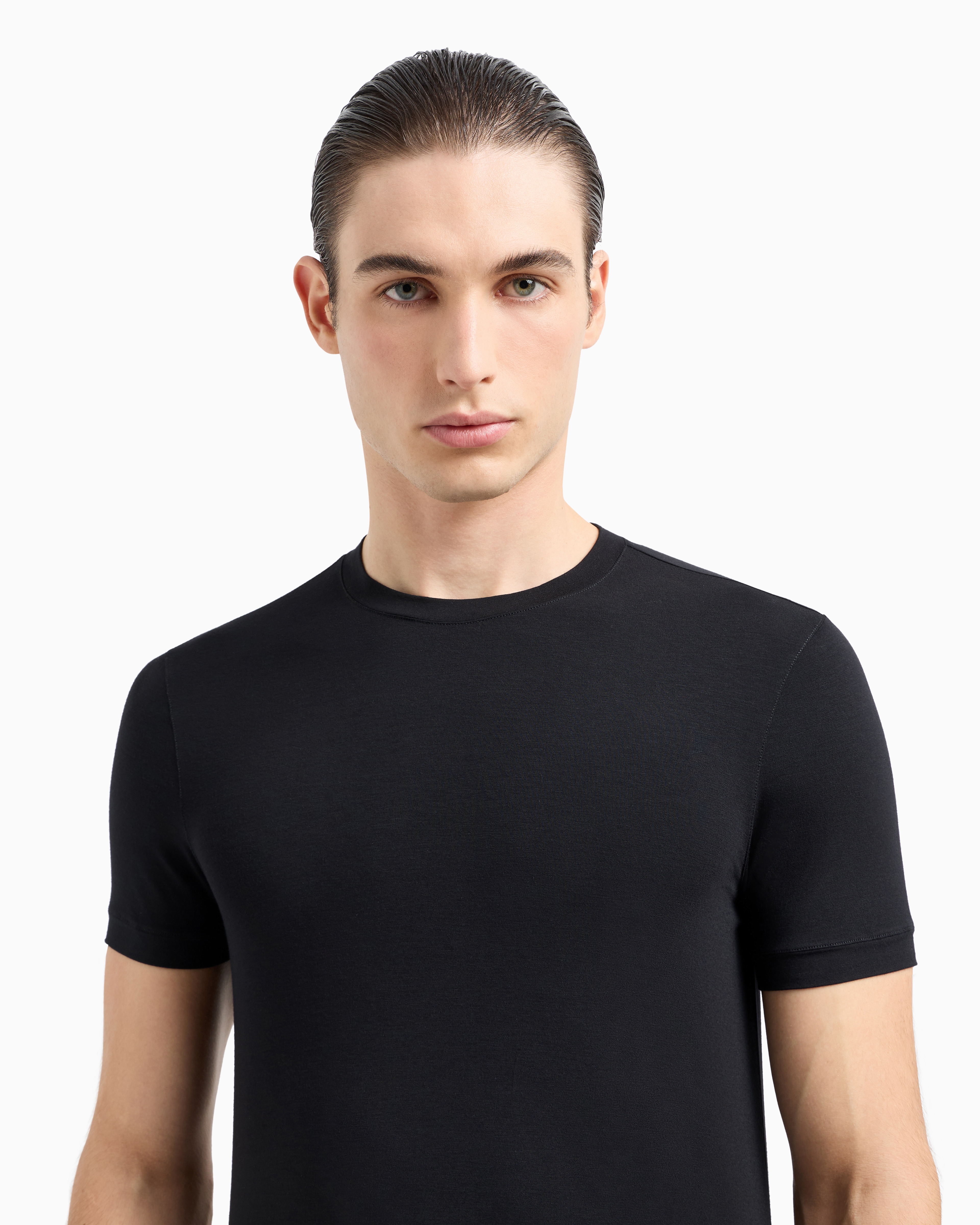 Shop Giorgio Armani Crew-neck Long-sleeved T-shirt In Stretch Viscose Jersey In Black