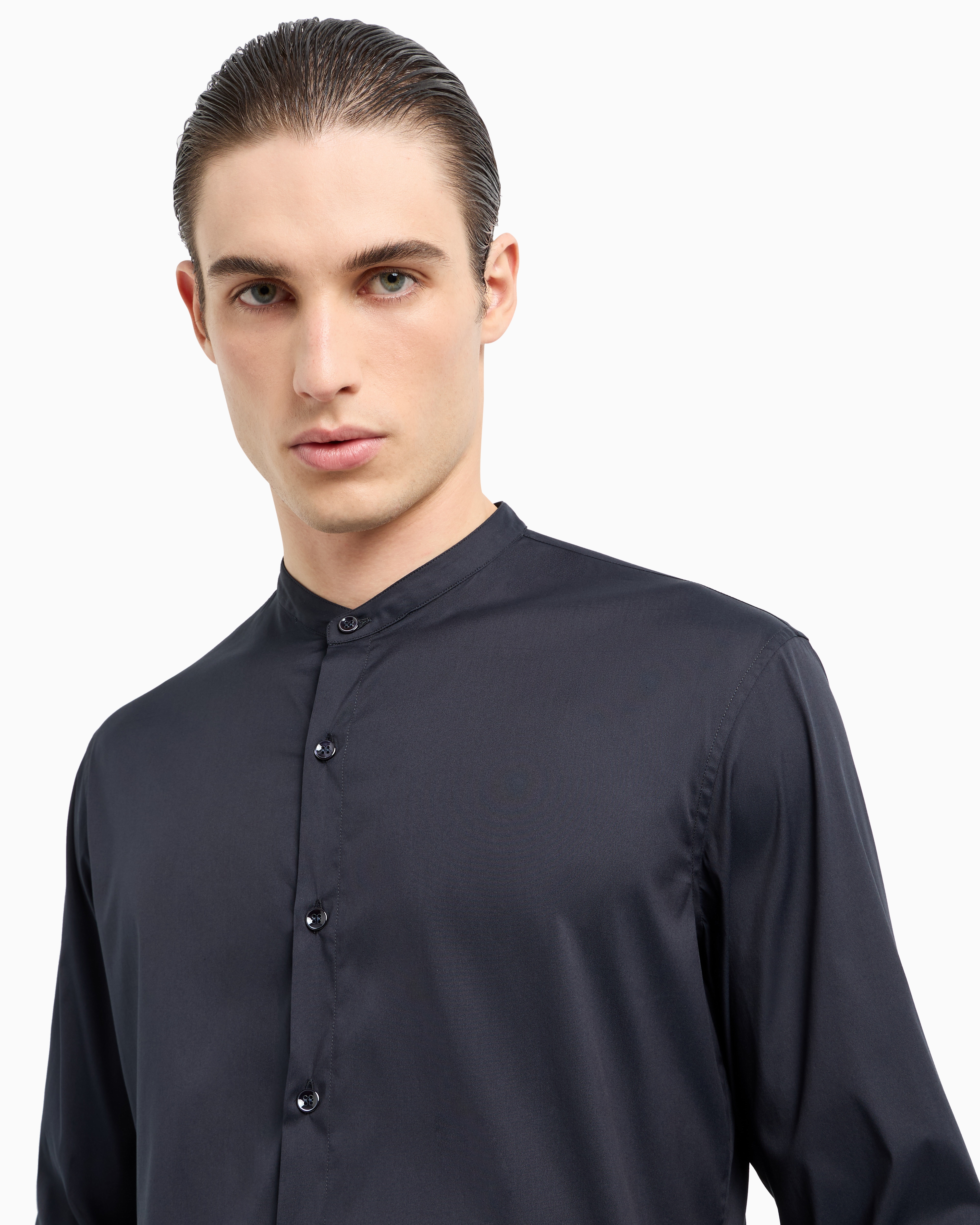 Shop Giorgio Armani Plain-knit Stretch Cotton Icon Shirt In Midnight Blue