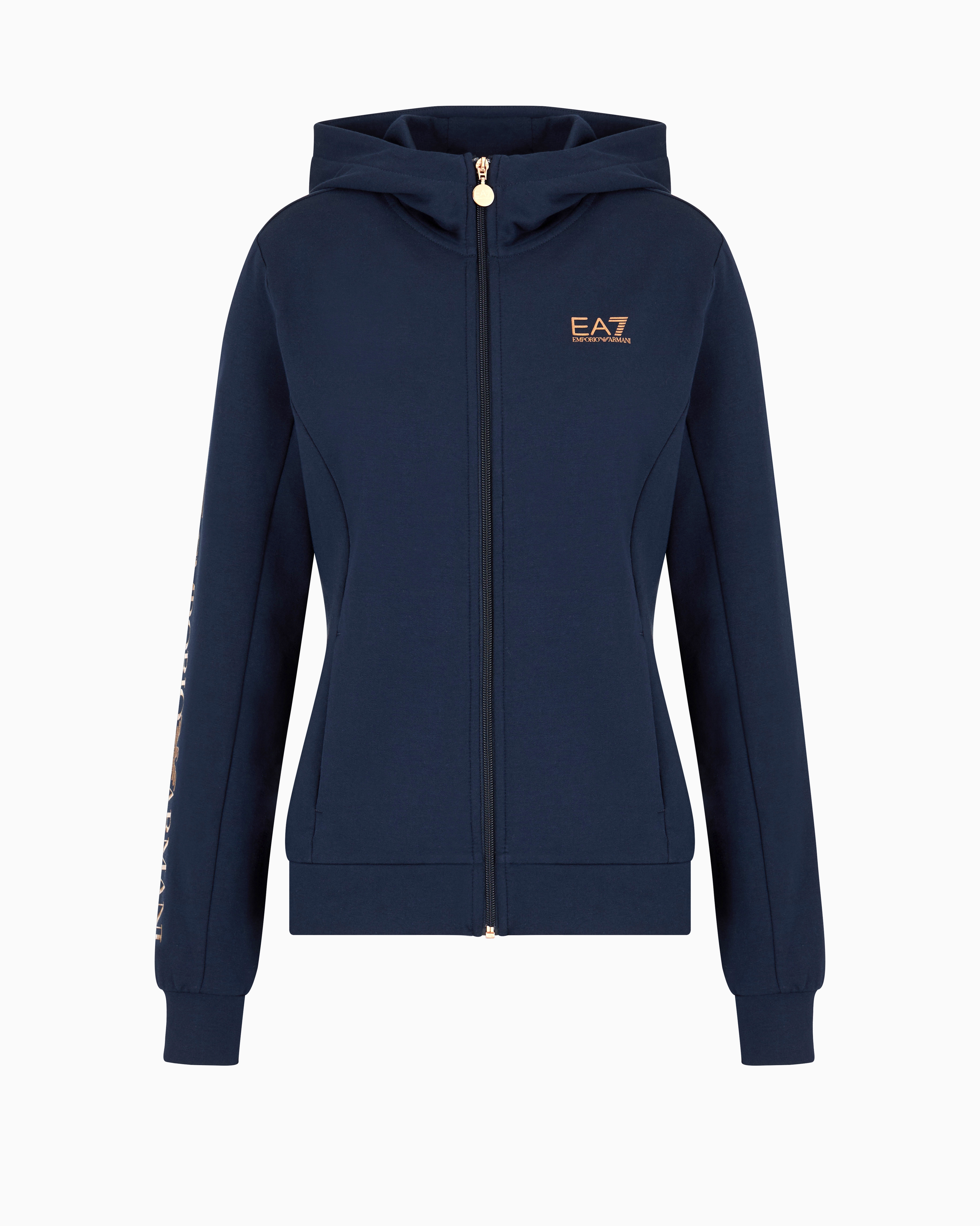 Shop Ea7 Shiny Stretch-cotton Hooded Sweatshirt In Navy Blue