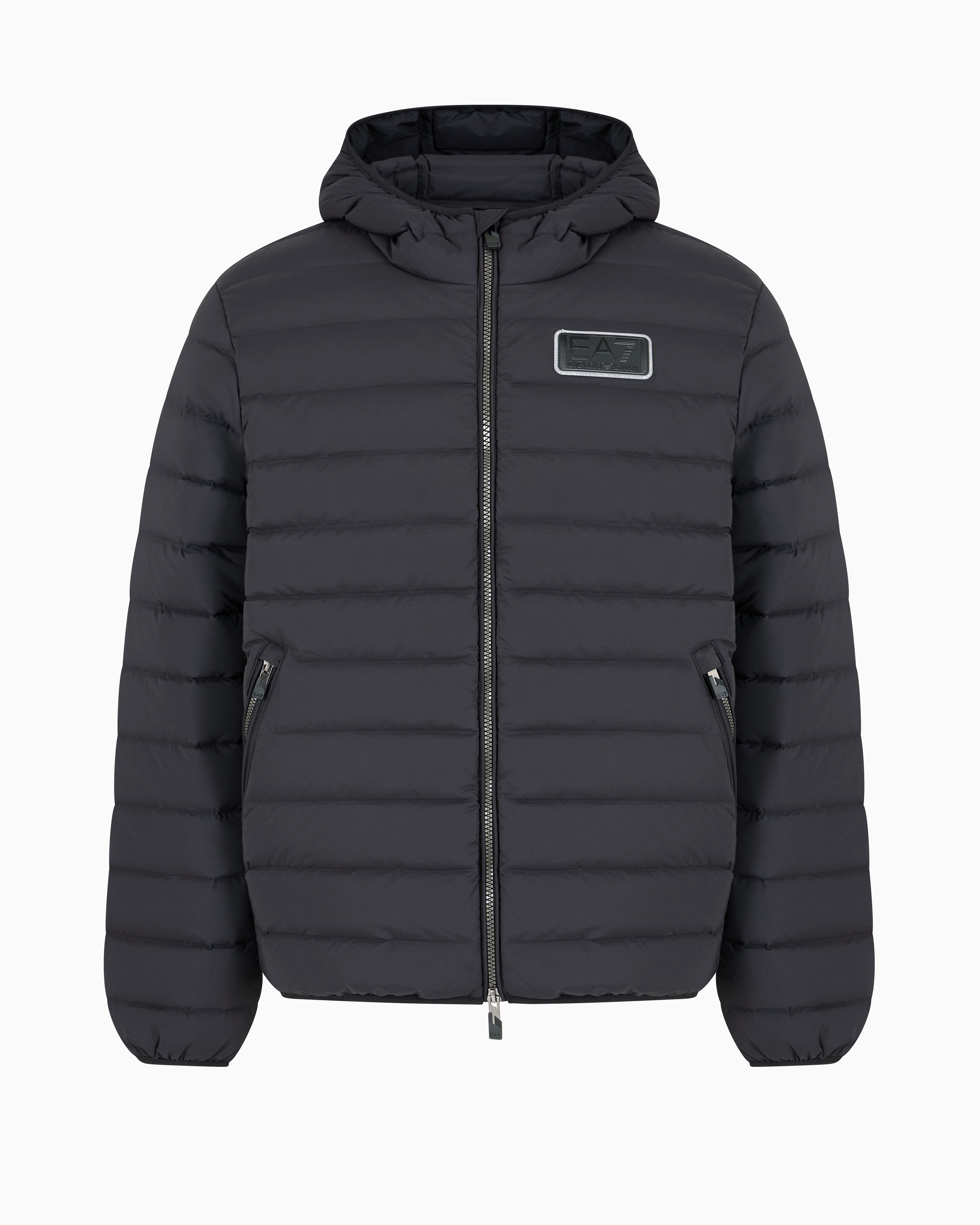 Ea7 Official Store Down Jacket With Hood In Technical Fabric In Black