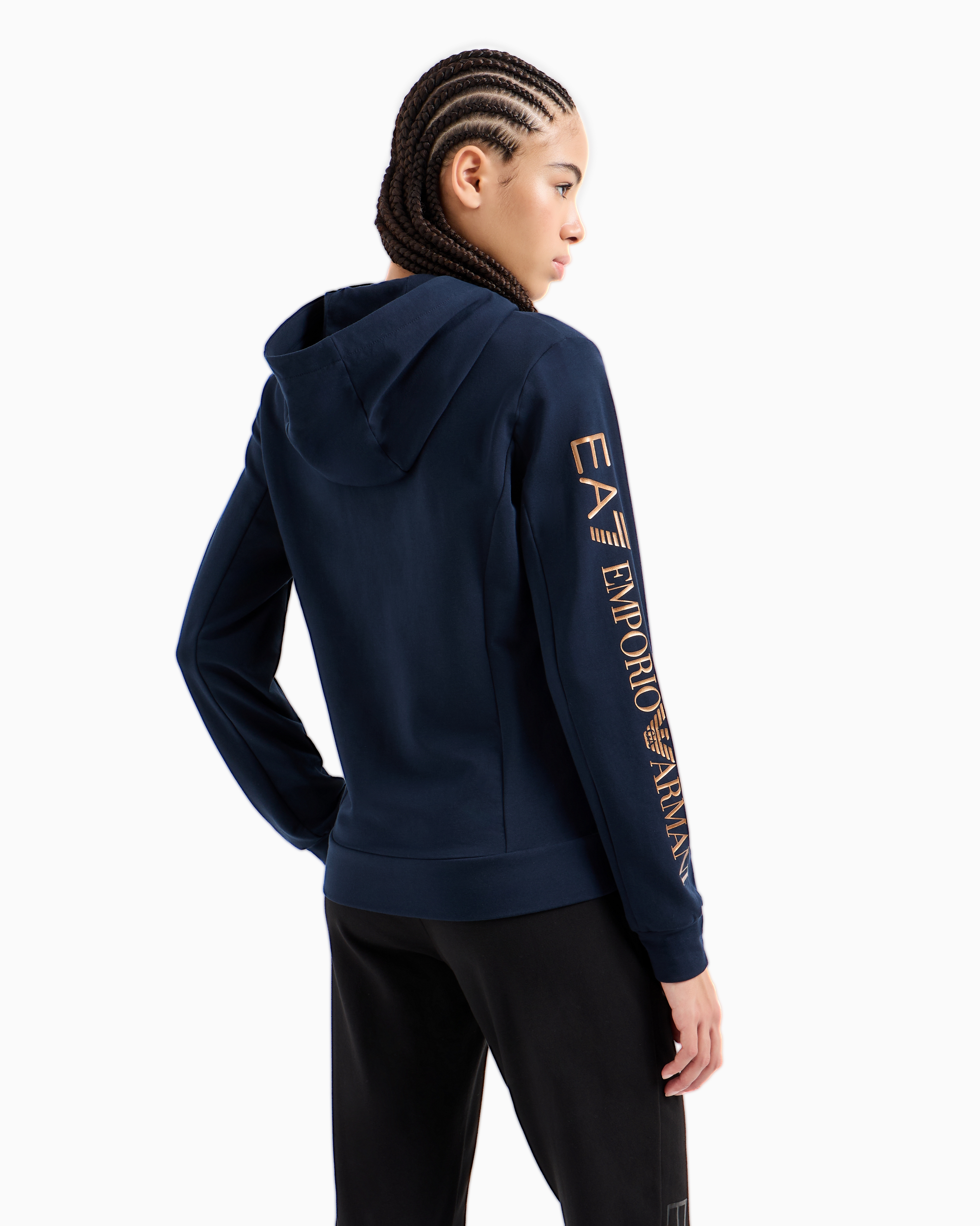 Shop Ea7 Shiny Stretch-cotton Hooded Sweatshirt In Navy Blue