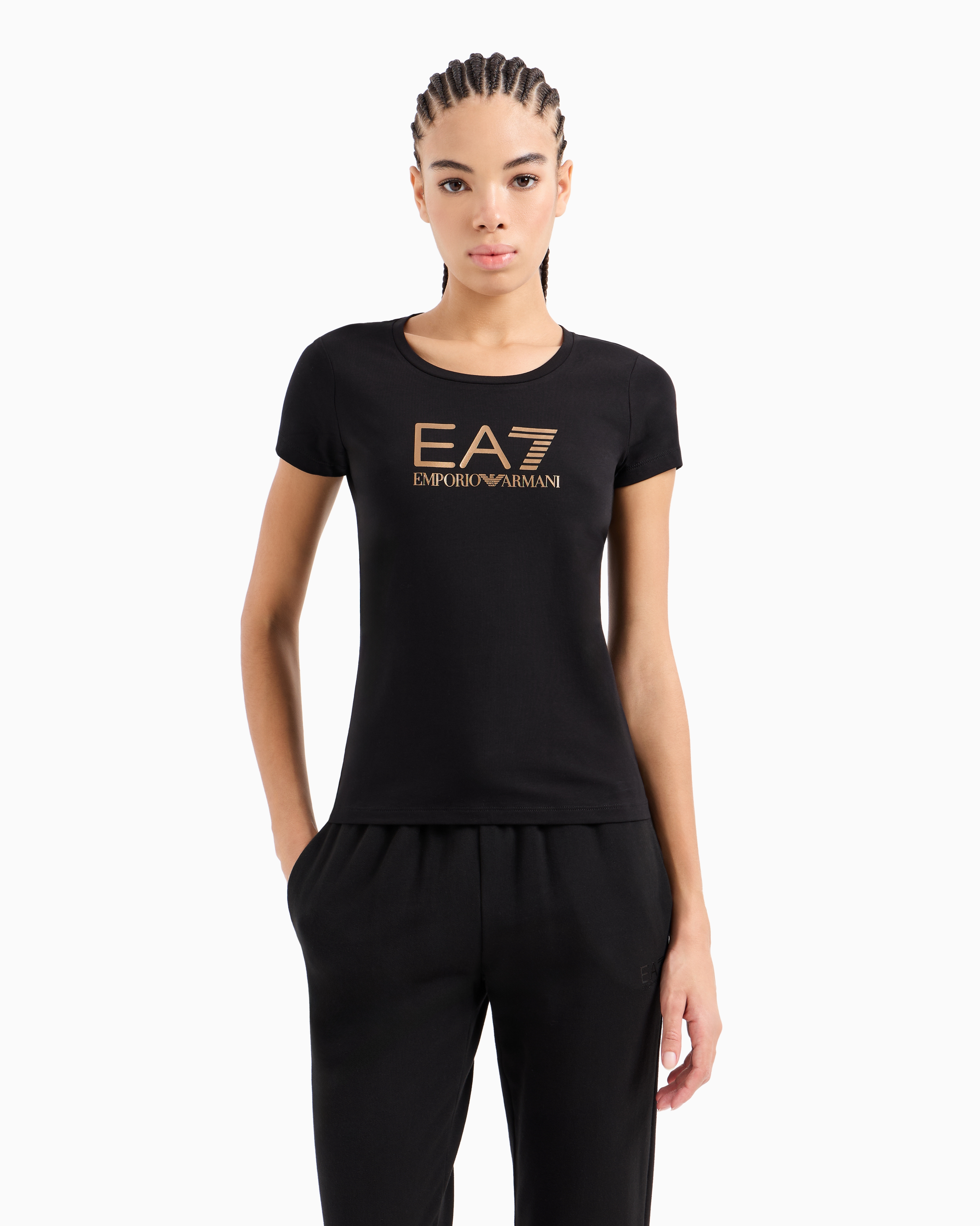 Shop Ea7 Shiny Cotton Crew-neck T-shirt In Black Logo