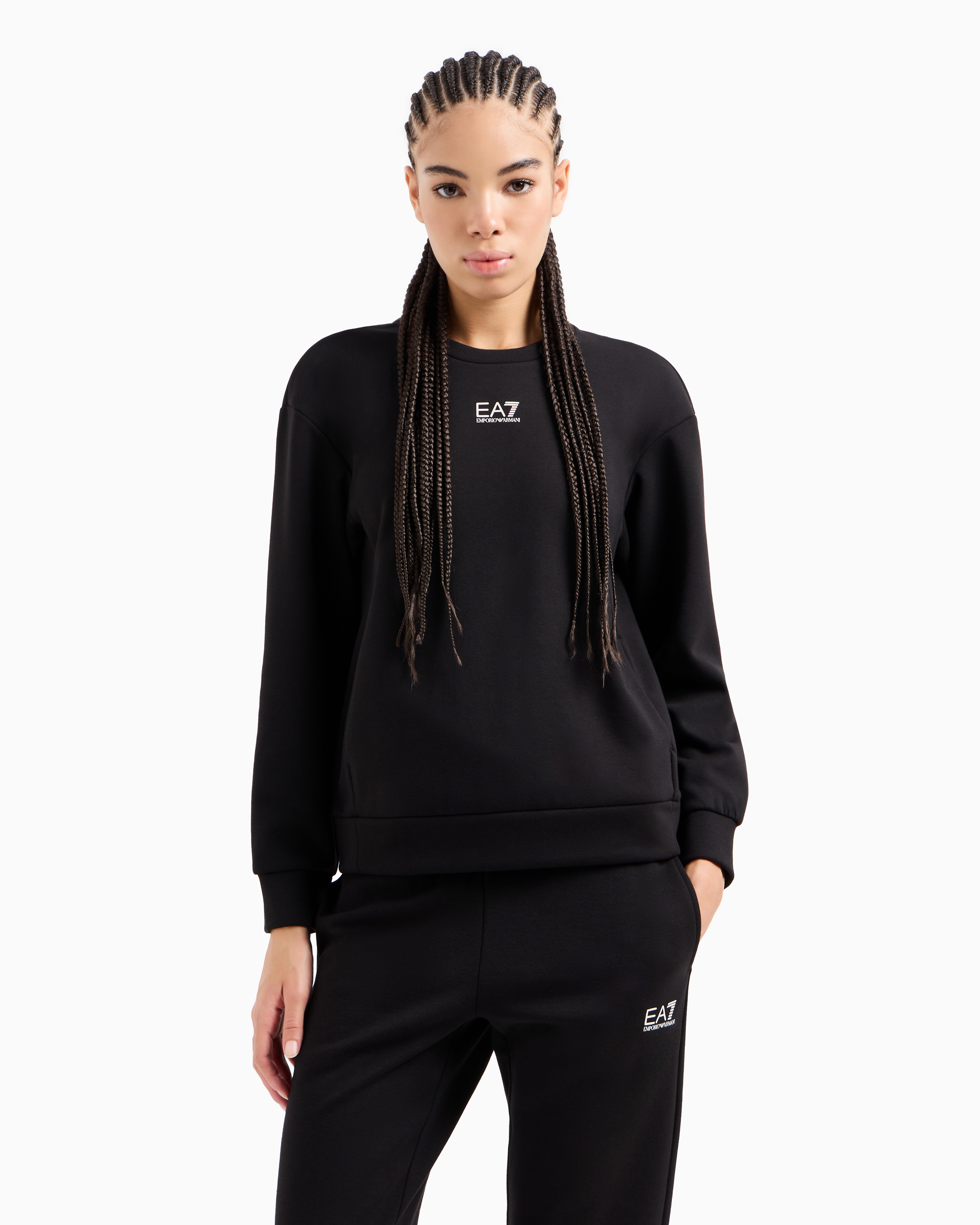 Shop Ea7 Logo Series Cotton-blend Crew-neck Sweatshirt In Black