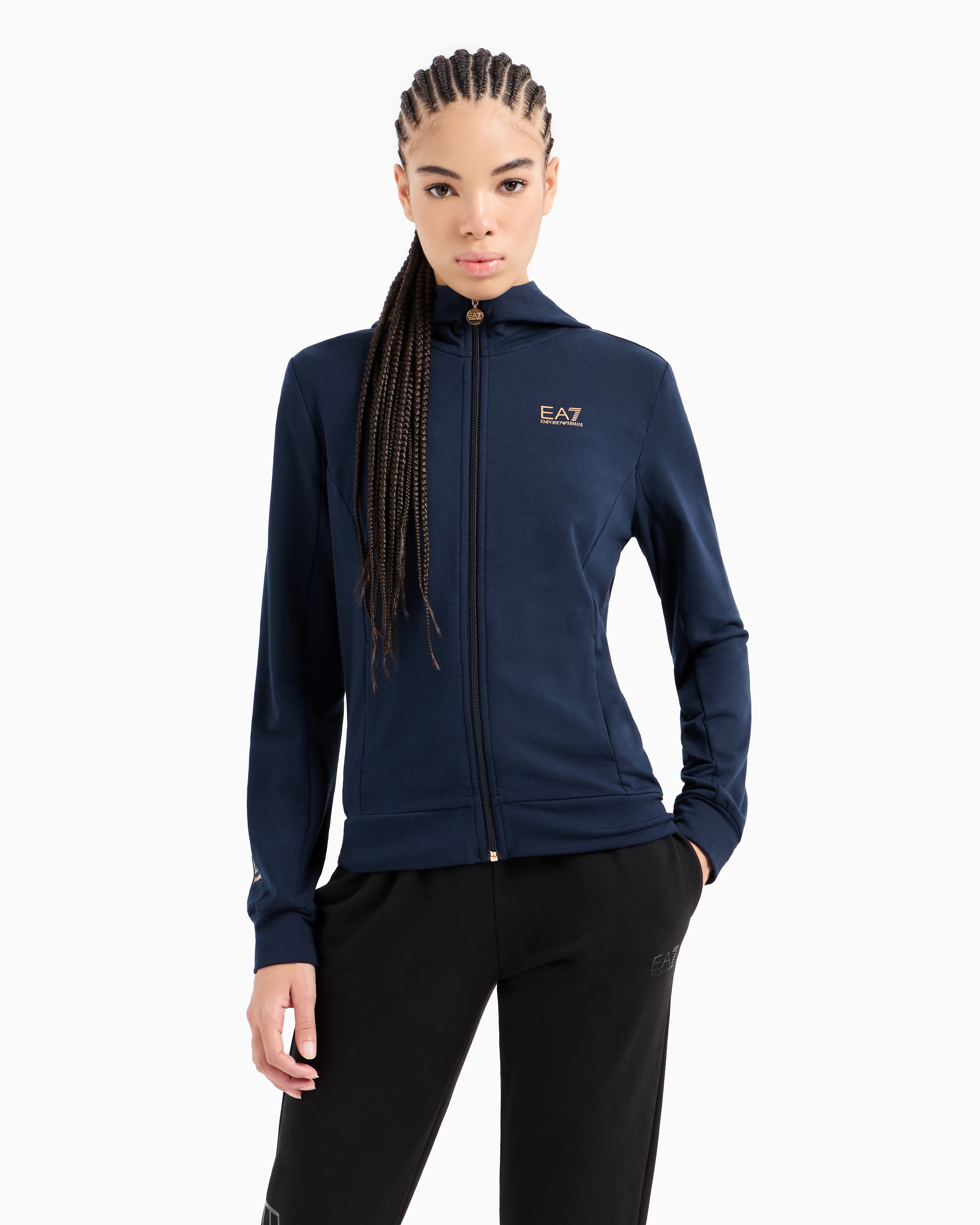 Shop Ea7 Shiny Stretch-cotton Hooded Sweatshirt In Navy Blue