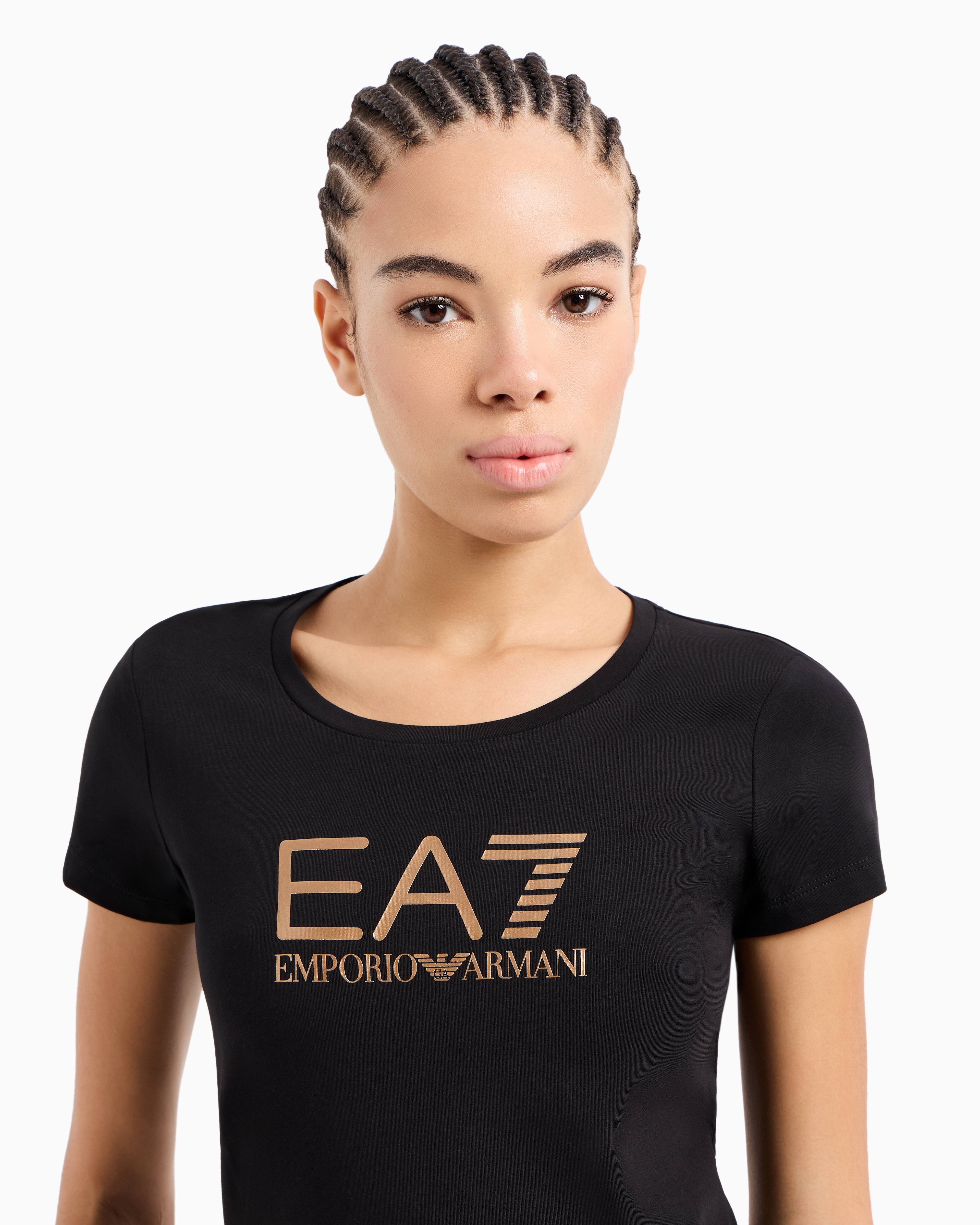 Shop Ea7 Shiny Cotton Crew-neck T-shirt In Black Logo