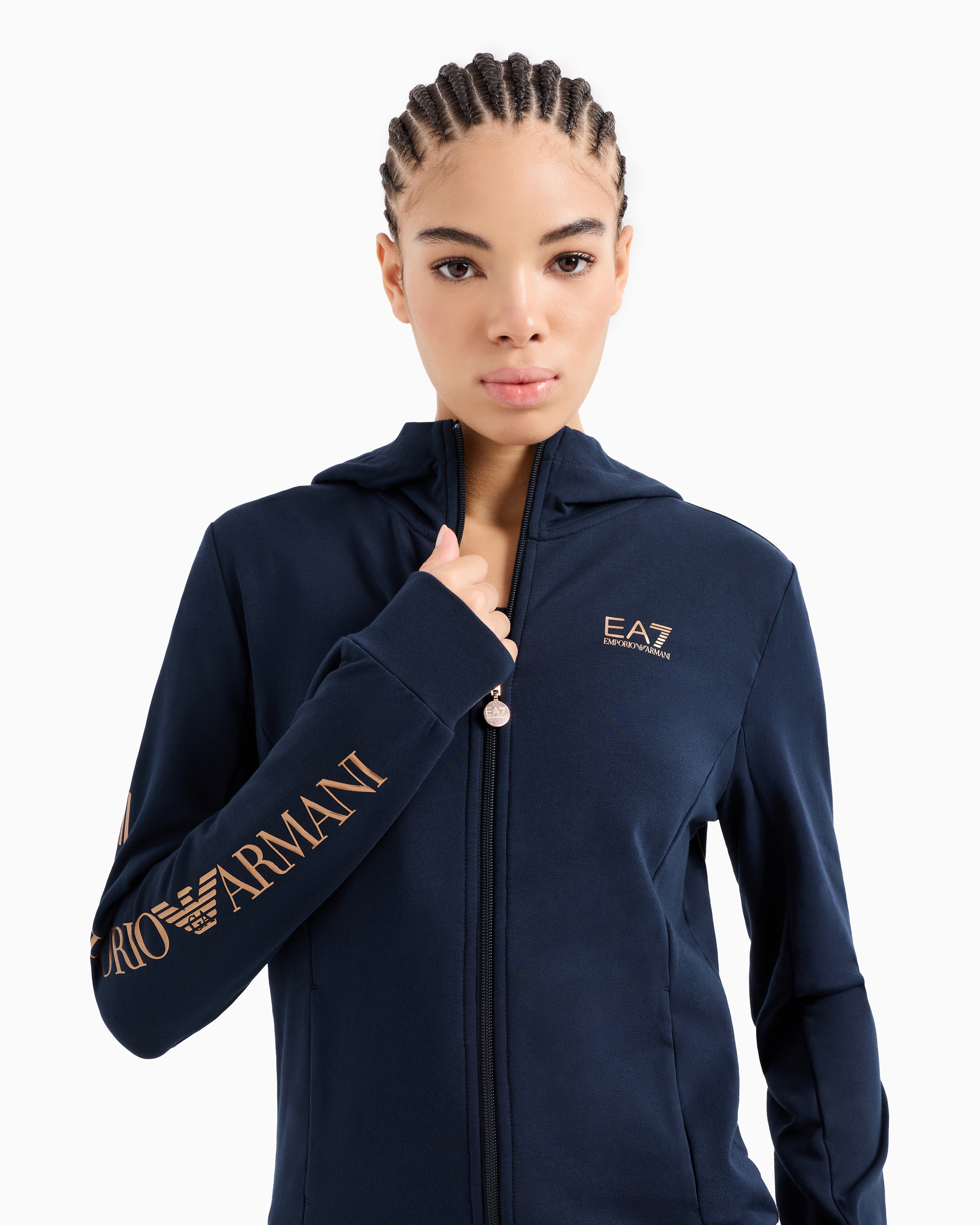 Shop Ea7 Shiny Stretch-cotton Hooded Sweatshirt In Navy Blue