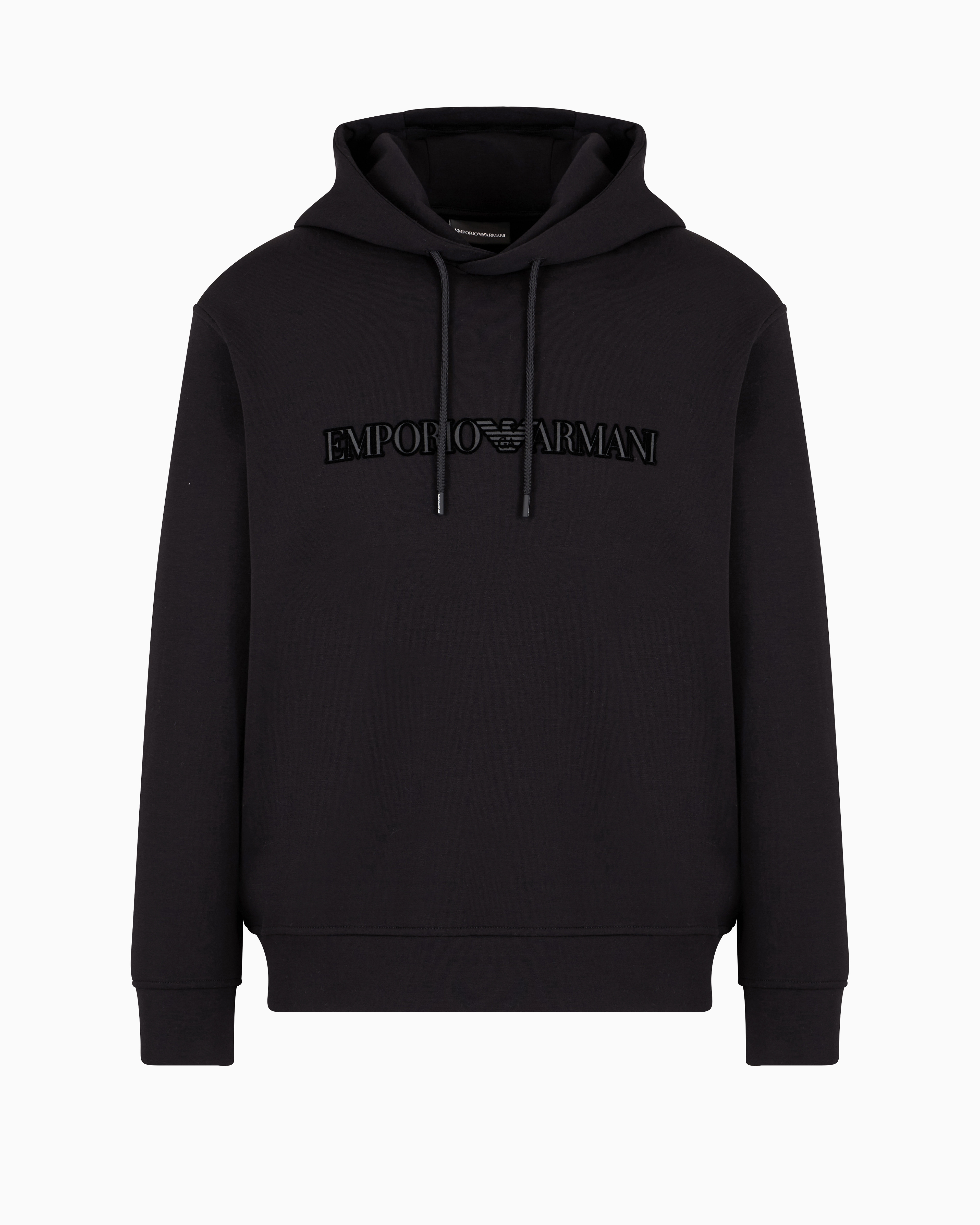 Emporio Armani Official Store Double-jersey Hooded Sweatshirt With Flocked Logo In Black Logo