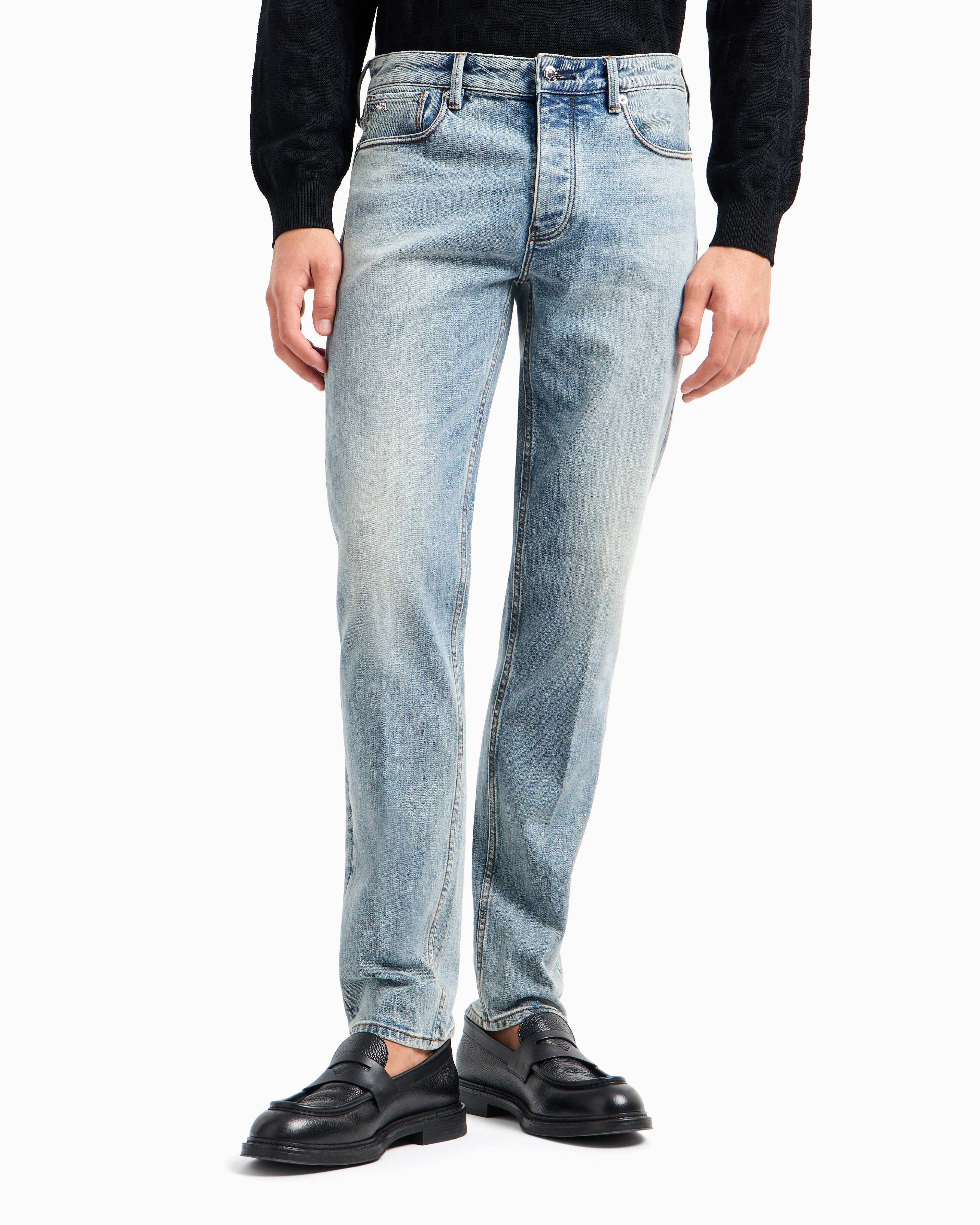 Emporio Armani J75 Slim-fit, Stone-washed Denim Jeans With Whisker Lines In Blue