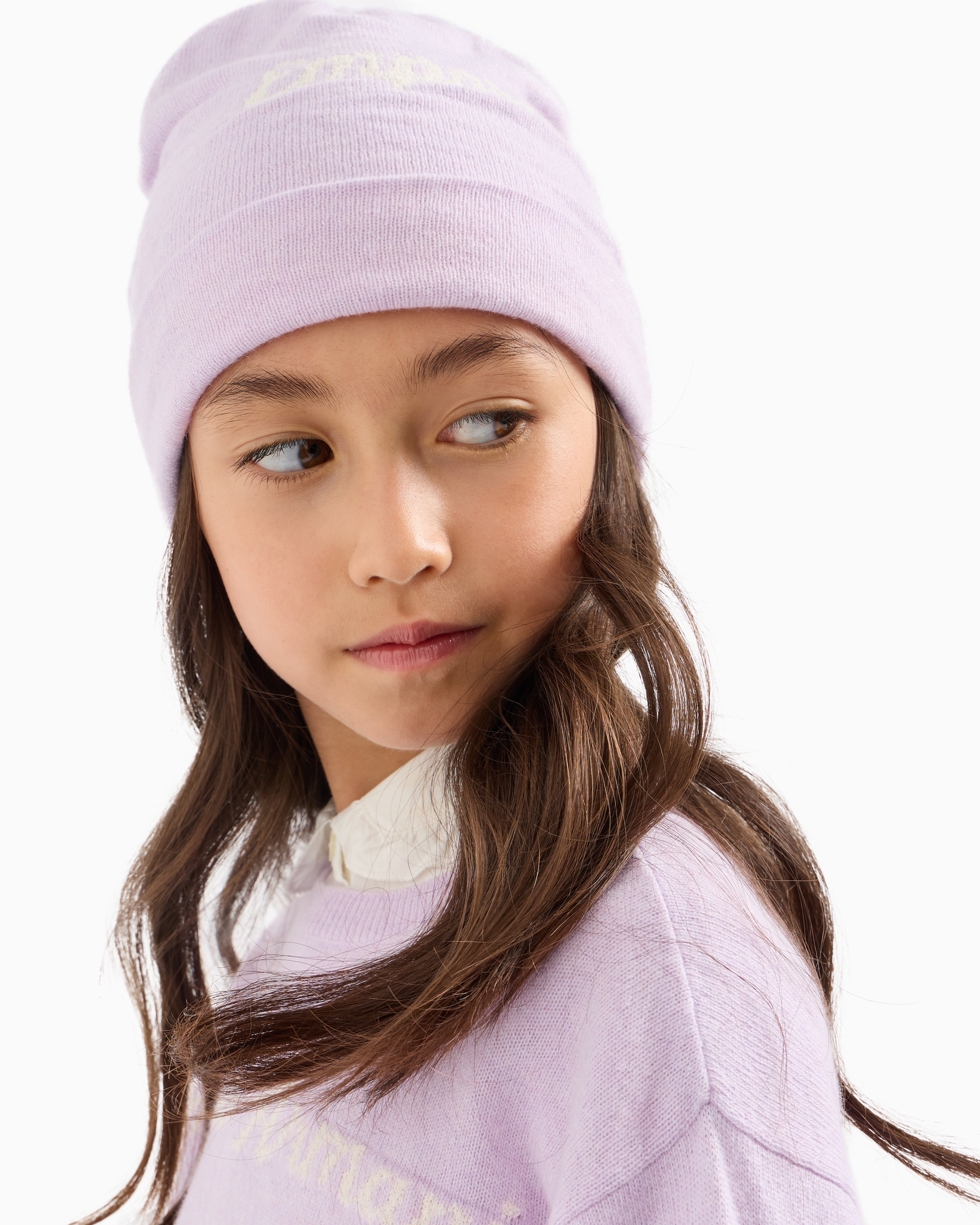 Shop Emporio Armani Beanie In A Cotton And Wool Blend With Oversized Jacquard Logo In Pink