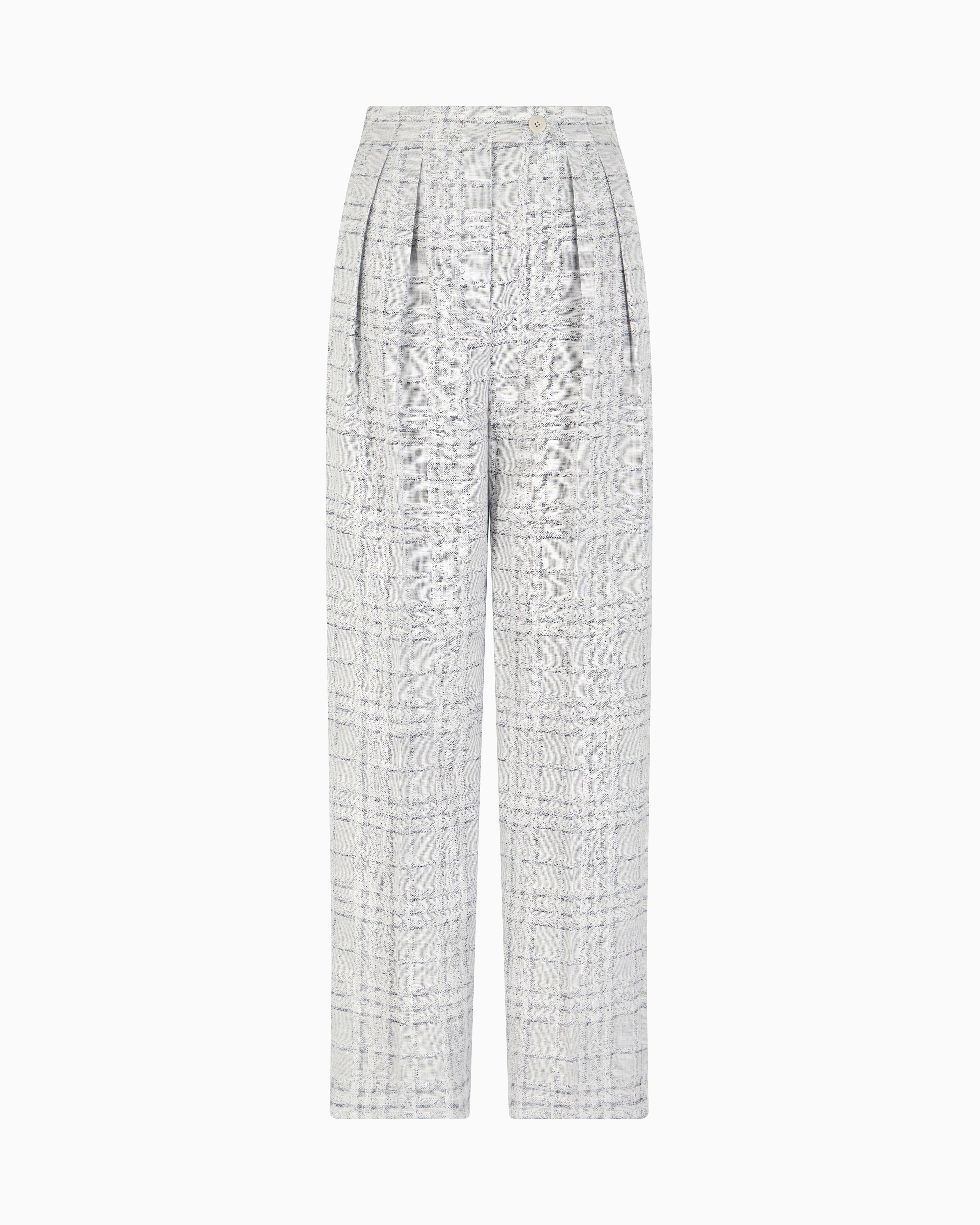 Emporio Armani Icon Check-motif Linen-blend Trousers With Pleats In Grey