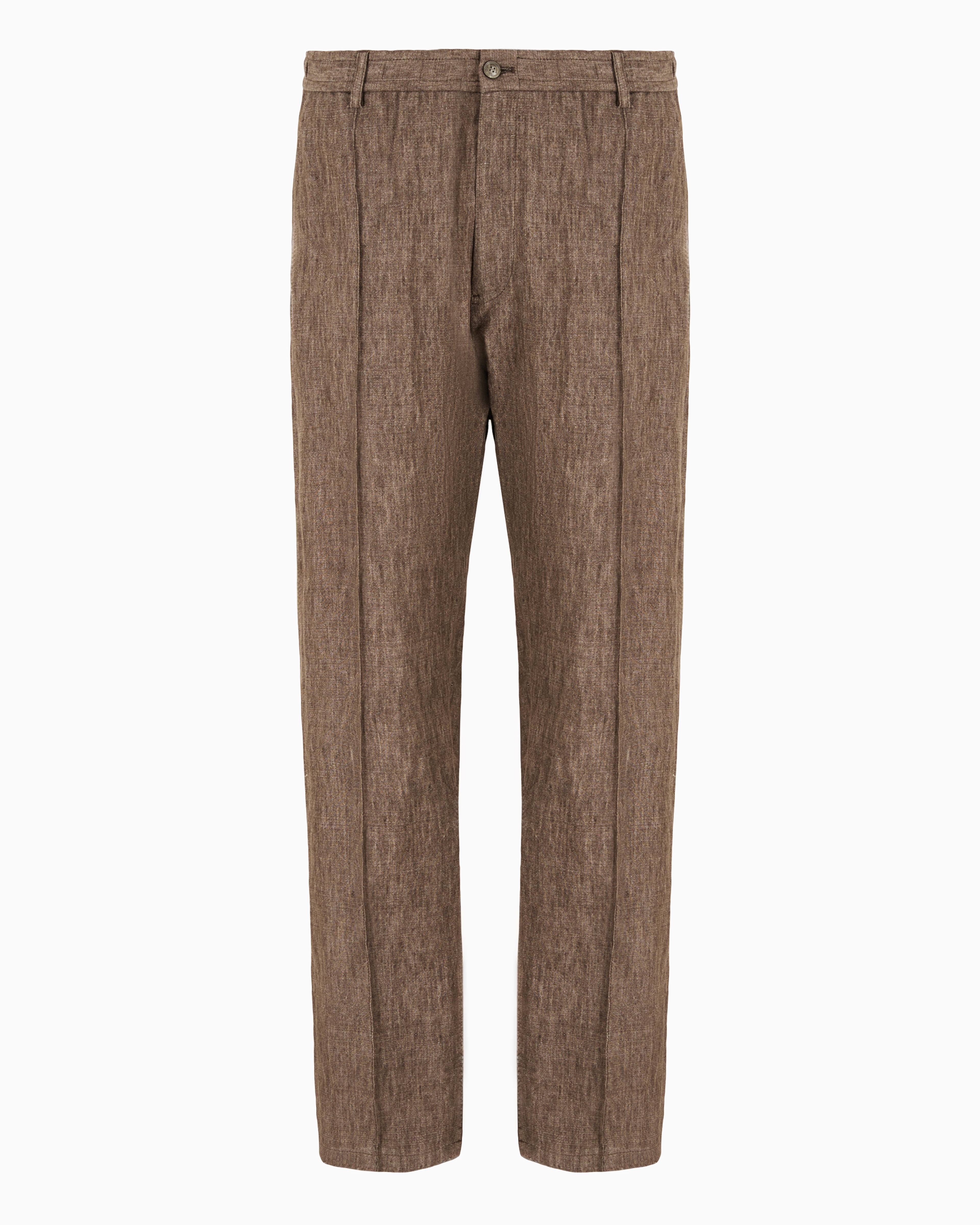 Emporio Armani Crêpe-effect Faded Linen Trousers With Ribbing In Brown