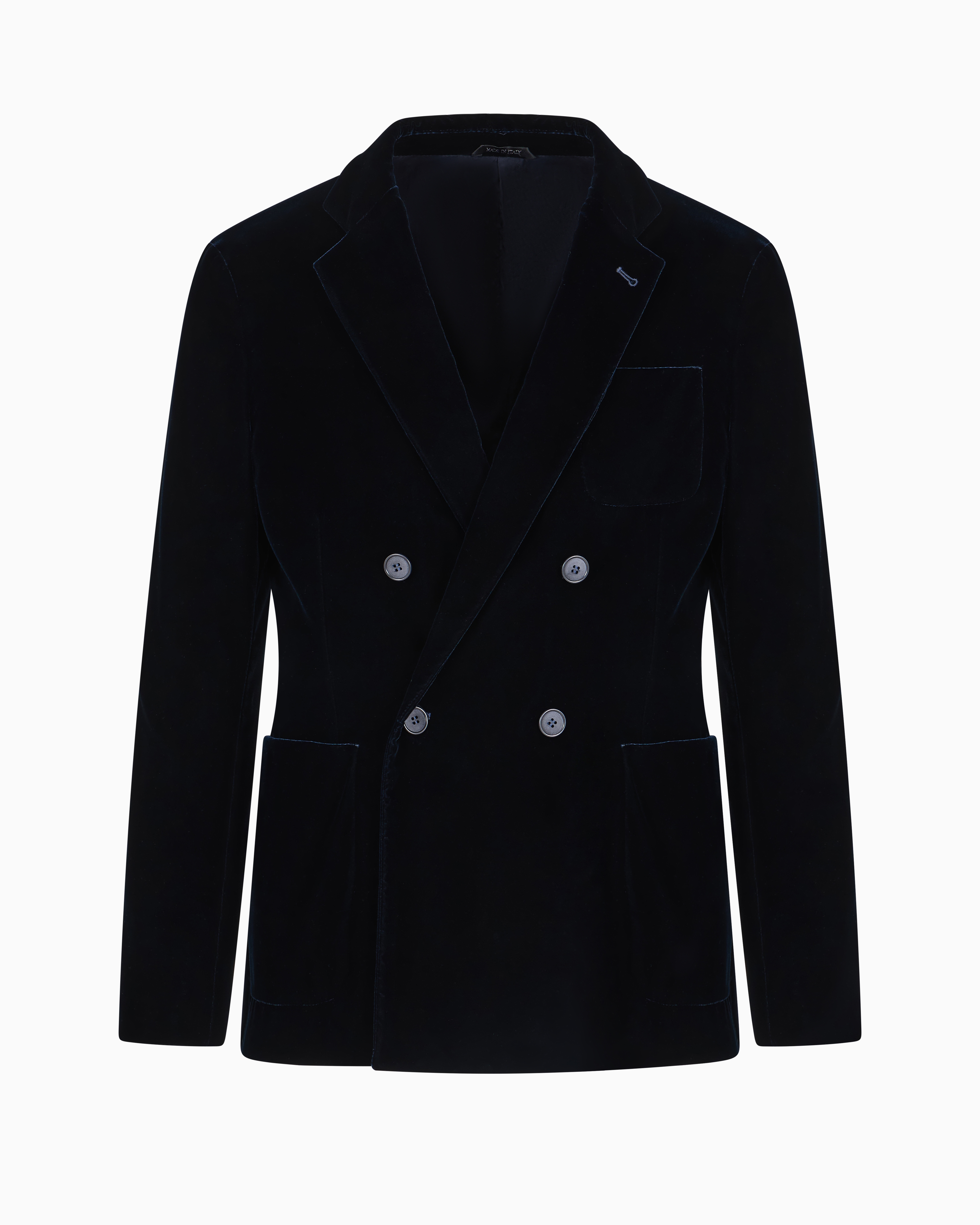 Giorgio Armani Official Store Double-breasted Upton Jacket In Stretch Plain Velvet In Navy Blue