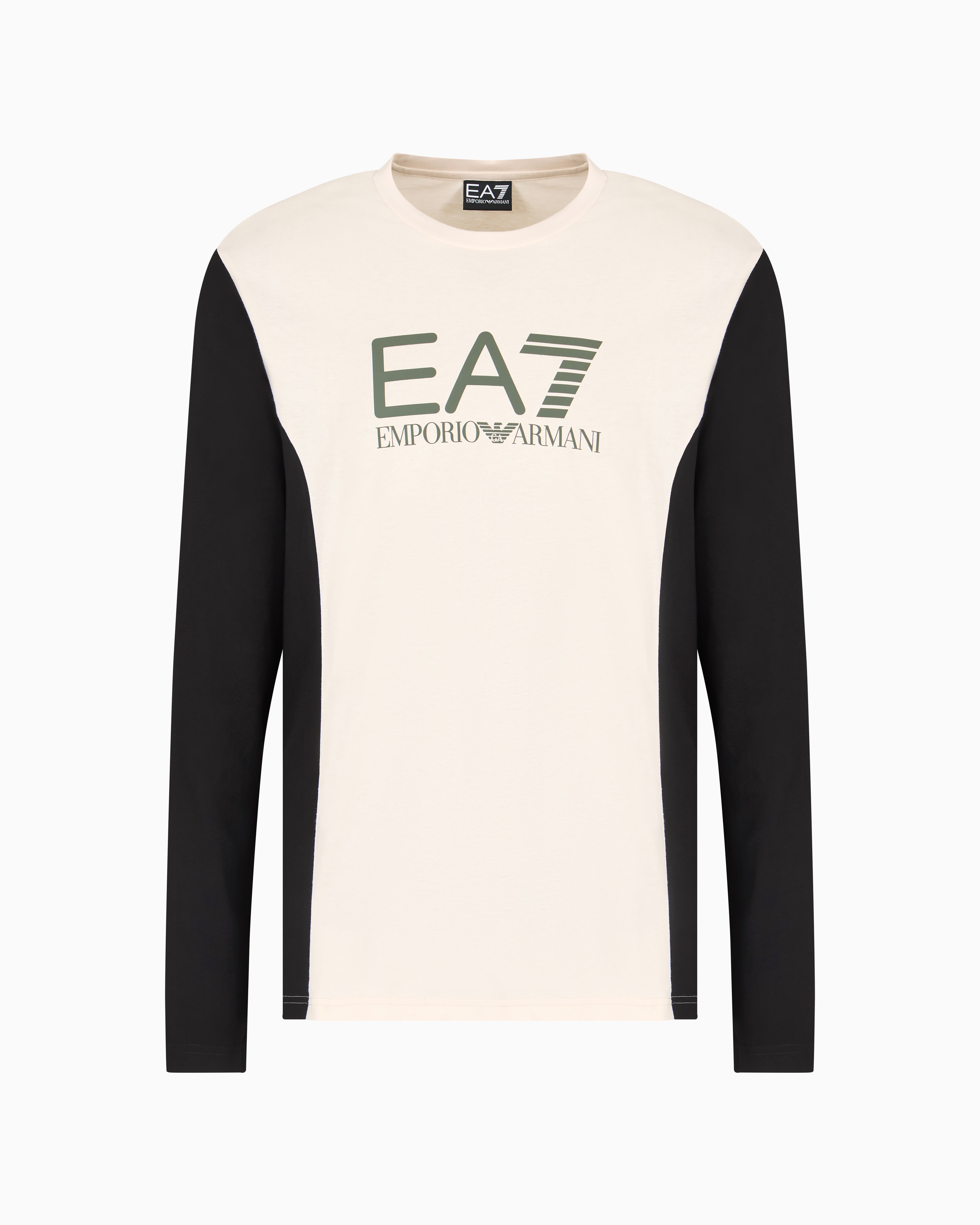 Ea7 Athletic Colour Block Long-sleeved Crew-neck Cotton T-shirt In Beige