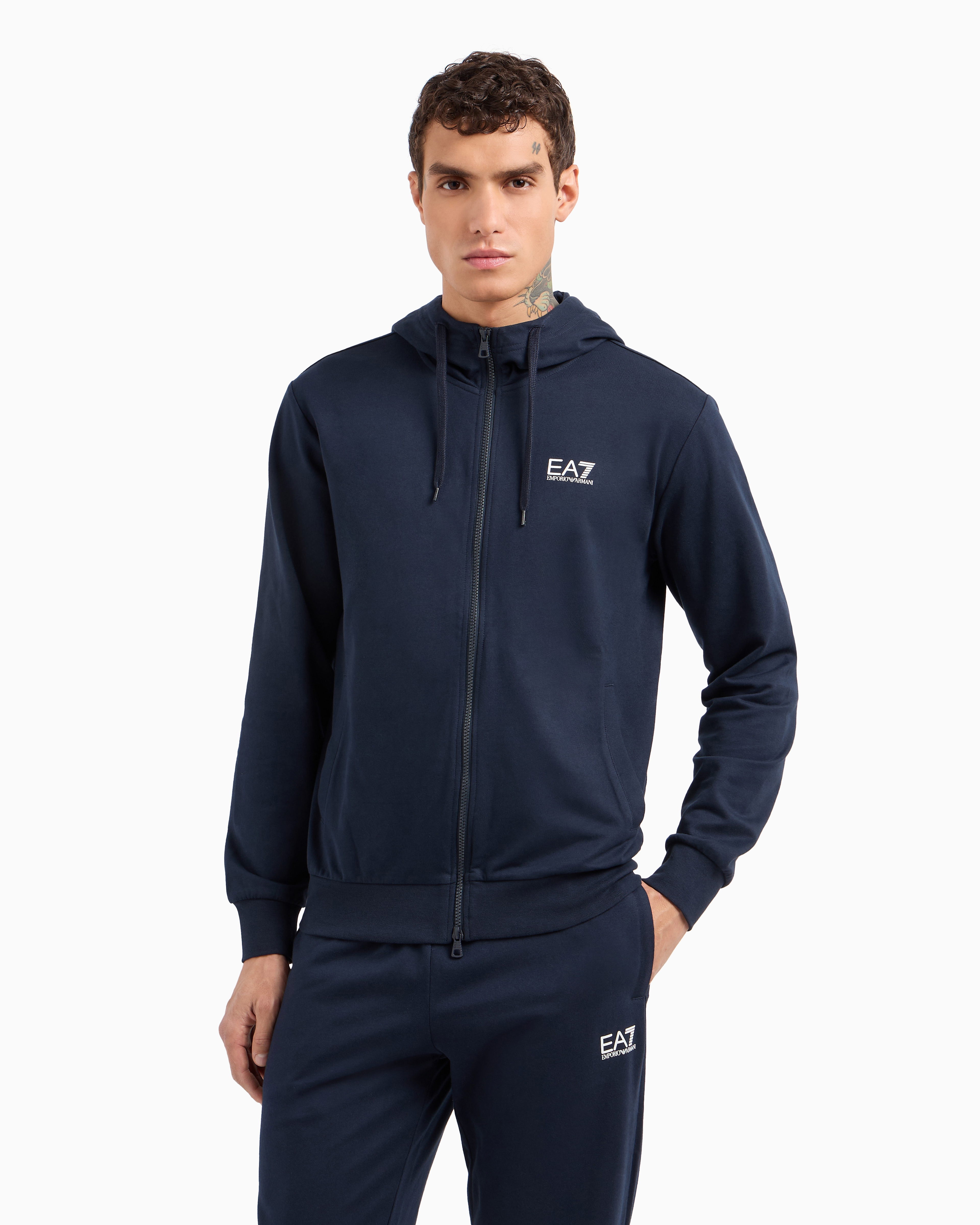Ea7 Official Store Core Identity Cotton Hooded Sweatshirt In Navy Blue
