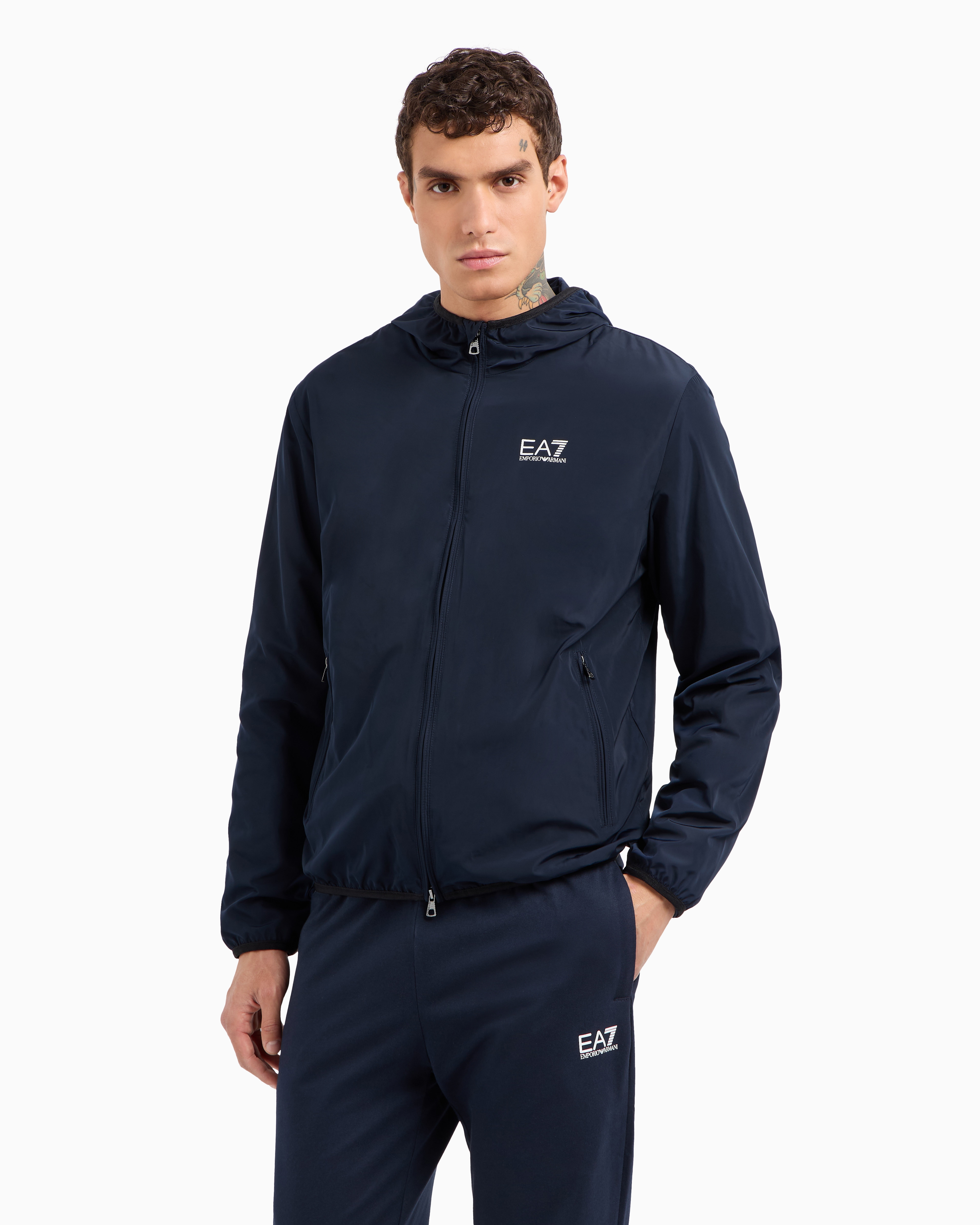 Ea7 Official Store Core Identity Hooded Bomber In Technical Fabric In Navy Blue
