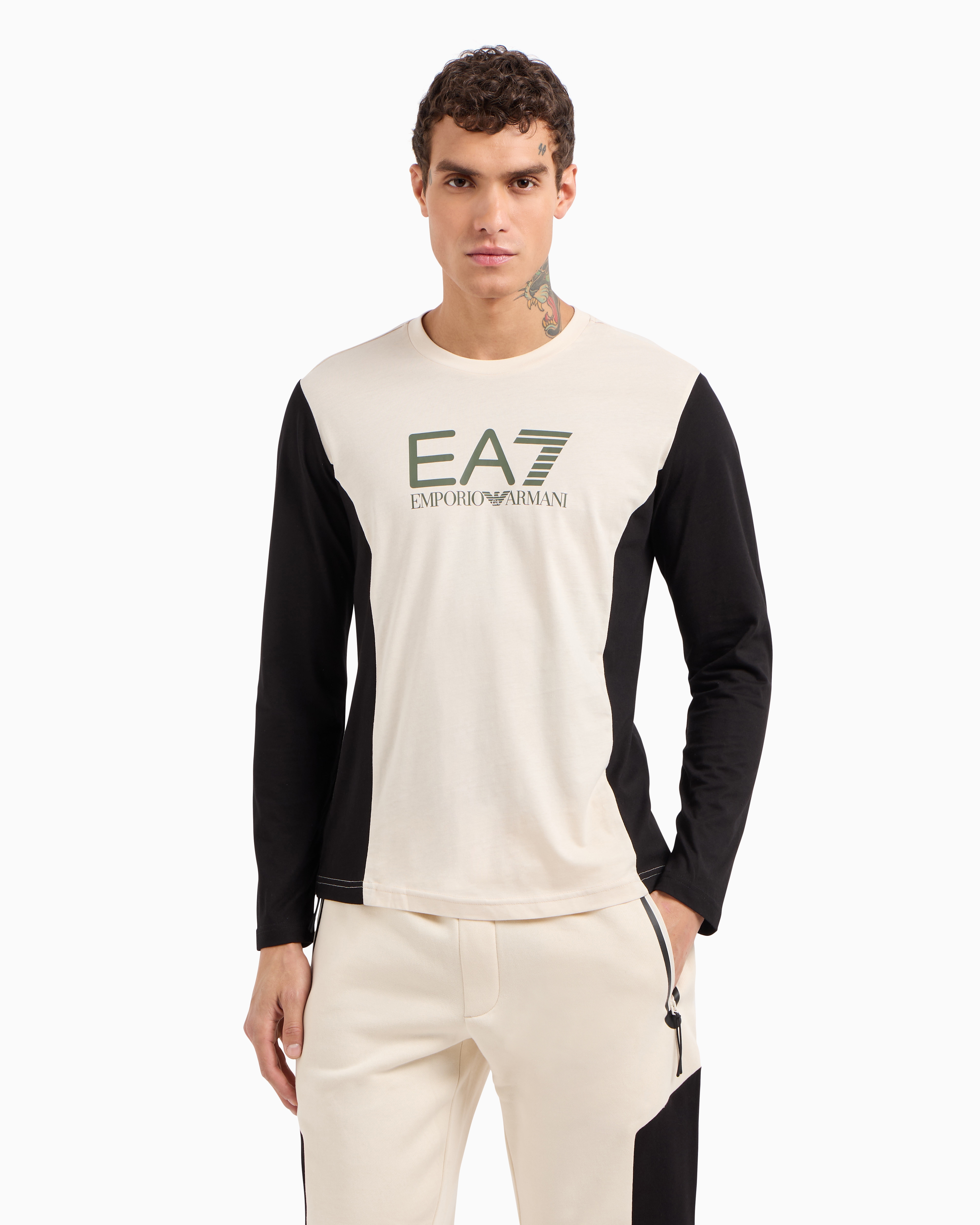 Ea7 Athletic Colour Block Long-sleeved Crew-neck Cotton T-shirt In Beige