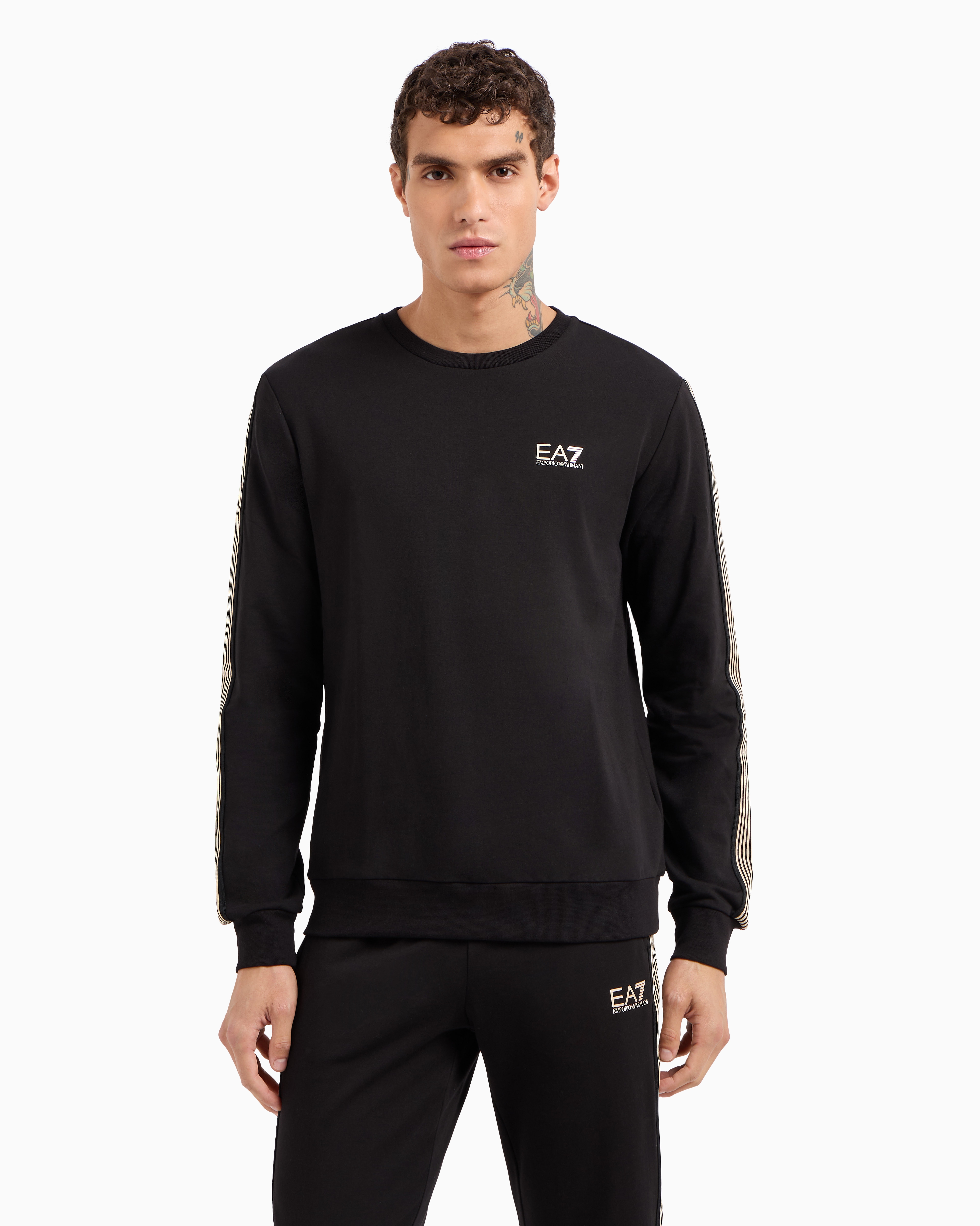 Ea7 Asv 7 Lines Crew-neck Sweatshirt In A Recycled Cotton Blend In Black