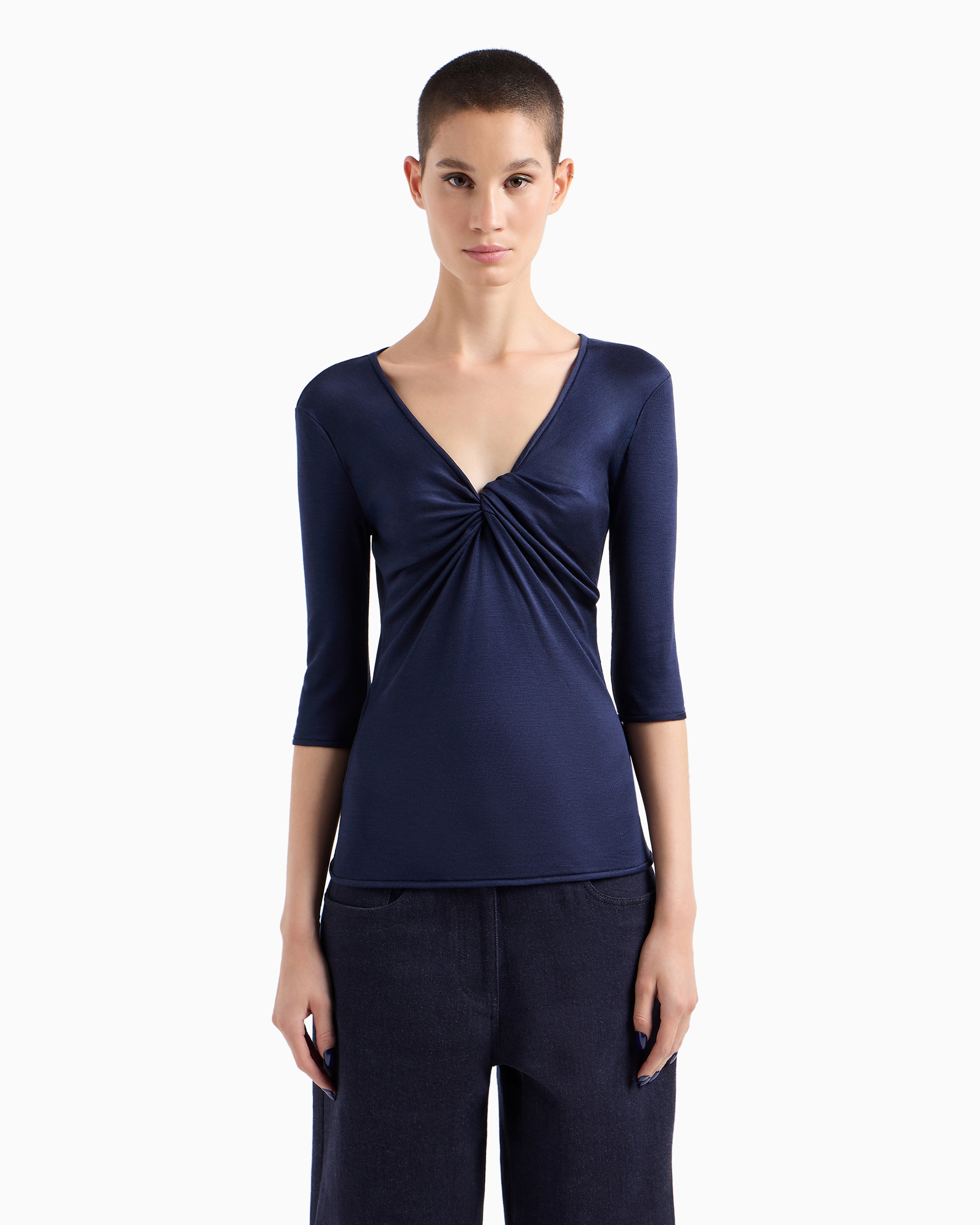 Shop Giorgio Armani Silk-viscose Jersey V-neck Jumper In Blue