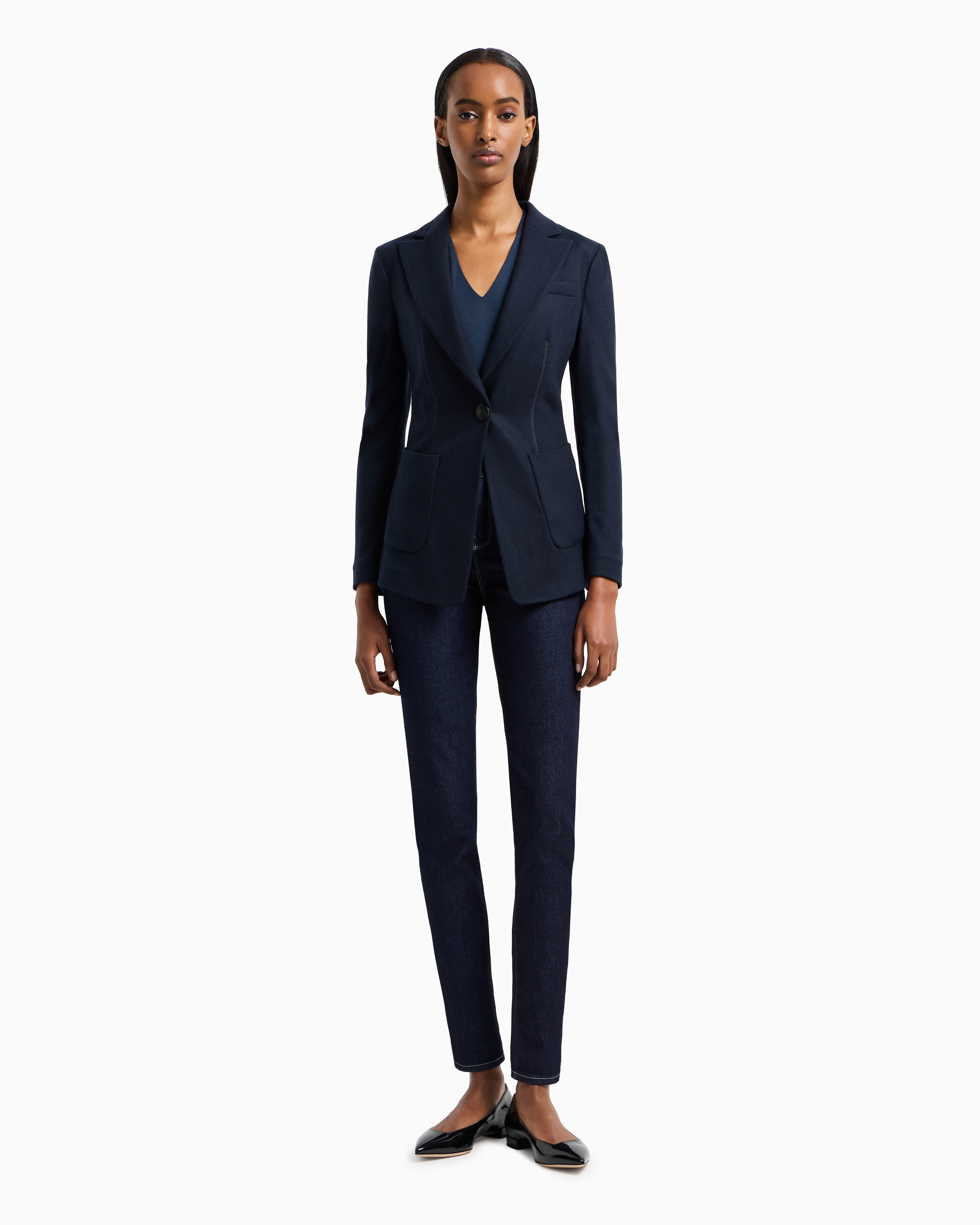 Giorgio Armani Jersey V-neck Top In Navy Blue
