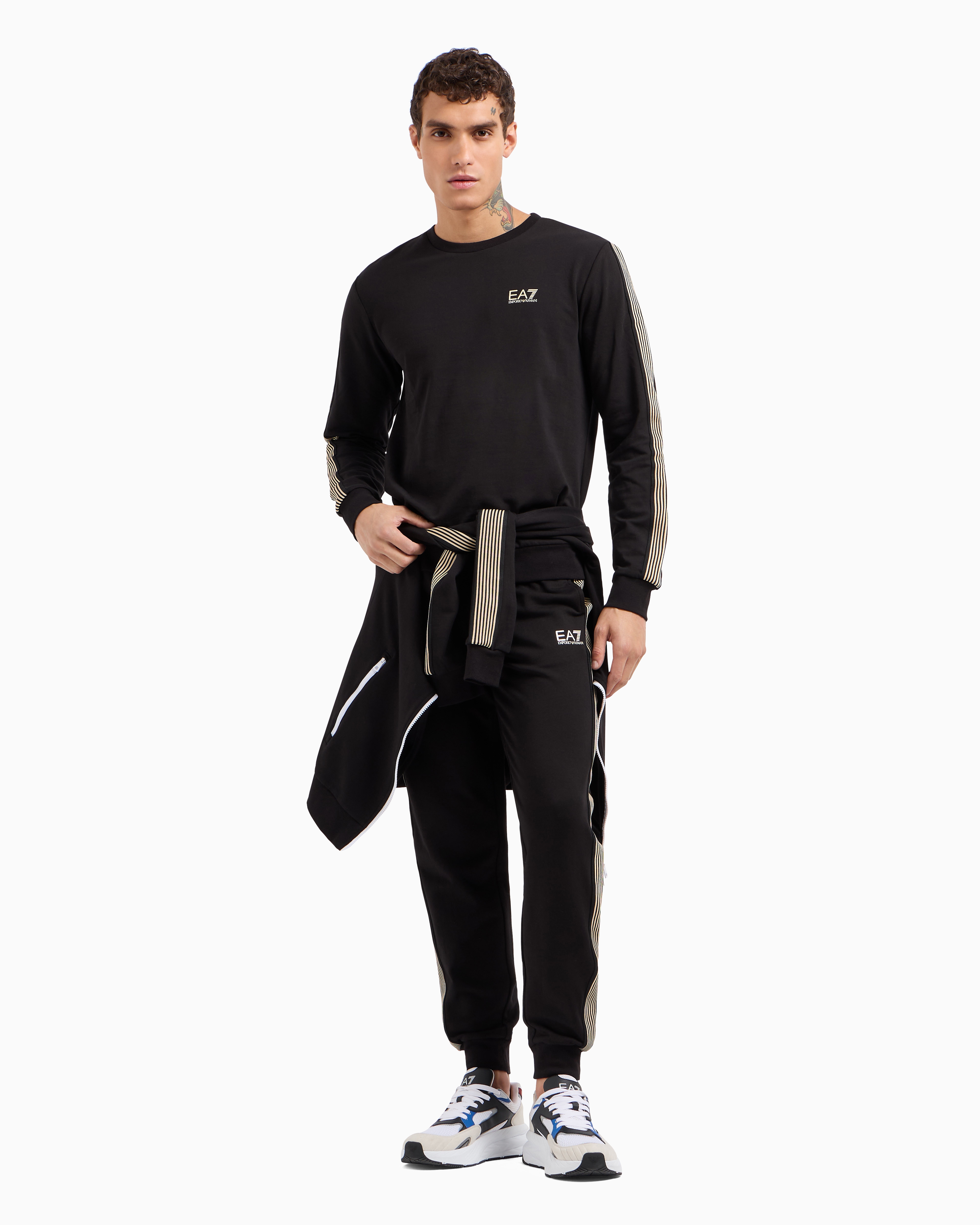 Ea7 Asv 7 Lines Crew-neck Sweatshirt In A Recycled Cotton Blend In Black