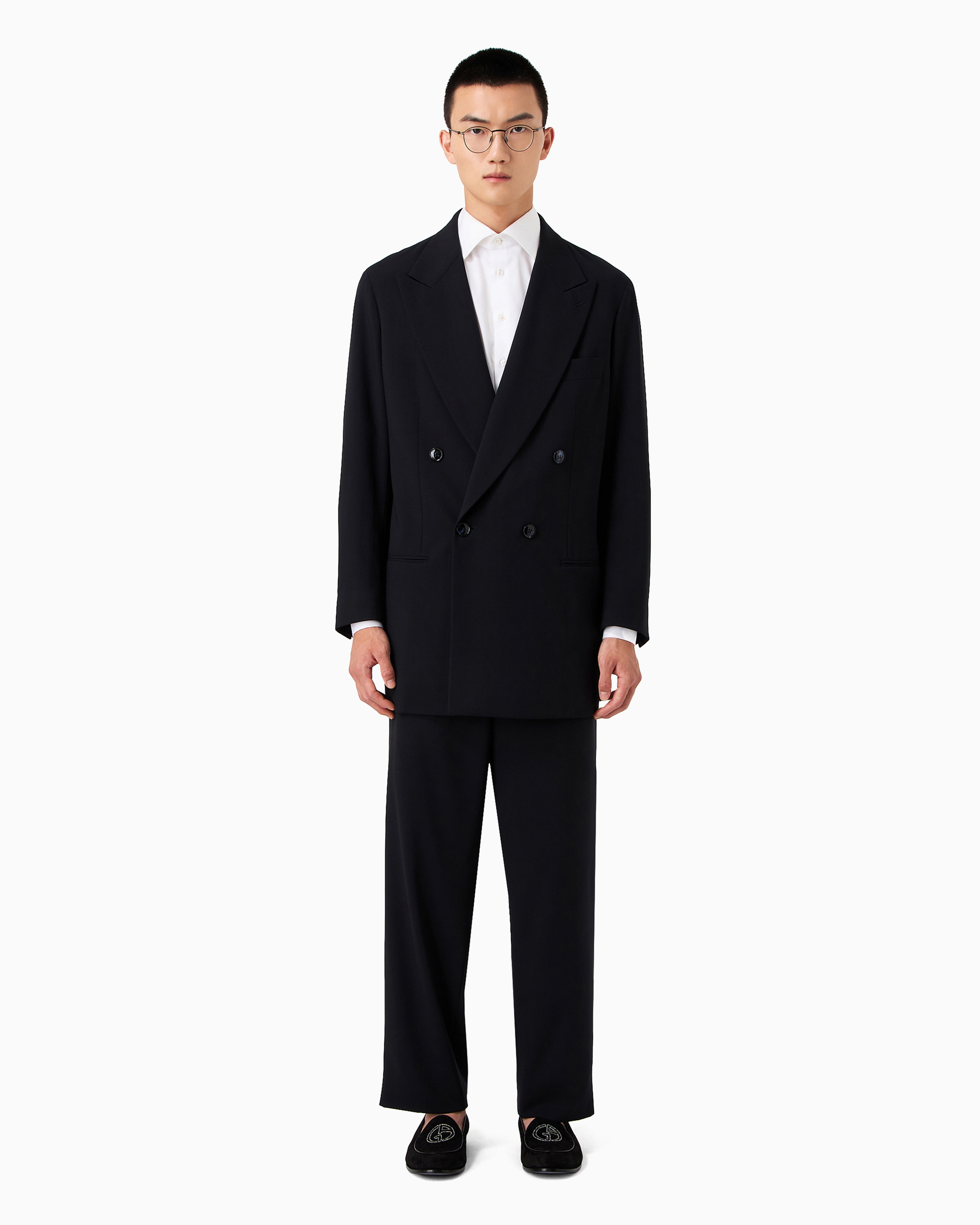 Giorgio Armani Double-breasted Suit In Virgin Wool Crêpe In Blue